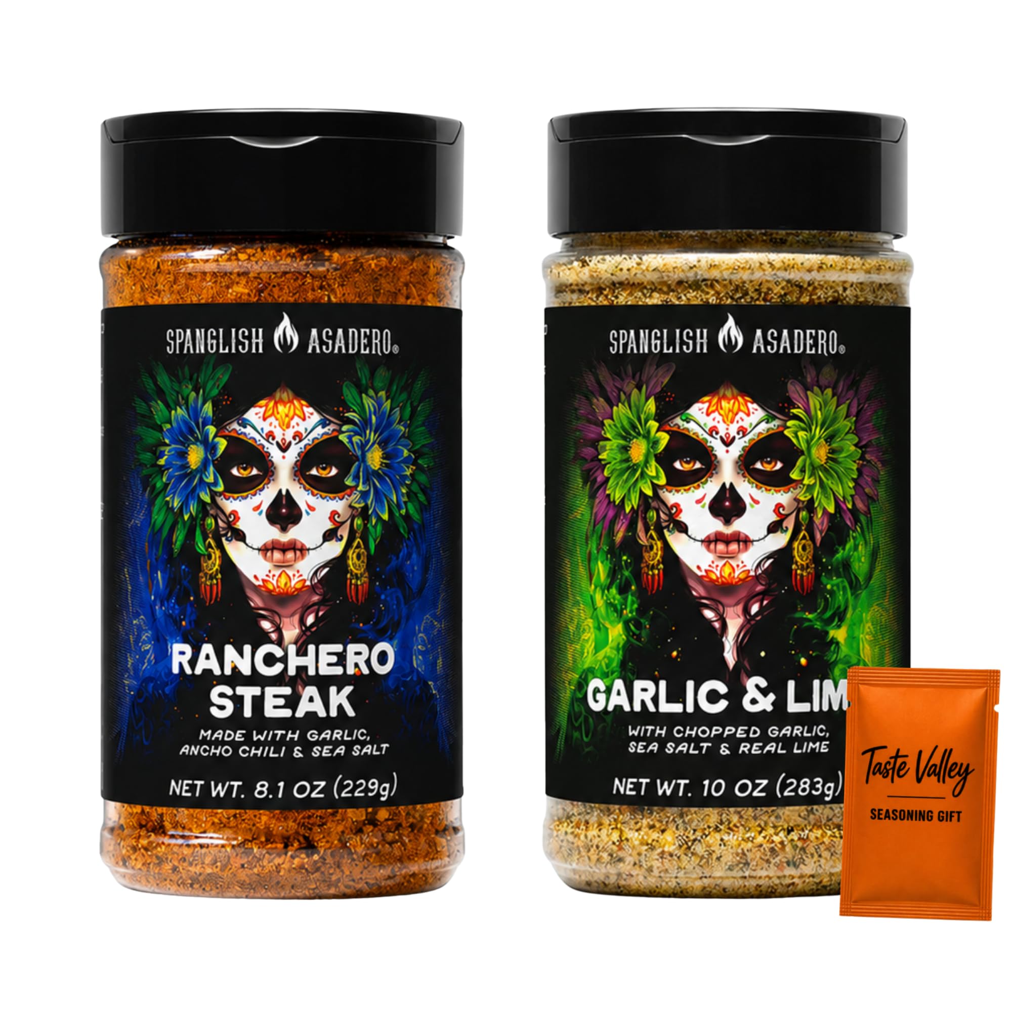 Spanglsh Asadro Seasoning Variety Pack, Garlic & Lime Seasoning 10 oz and Ranchero Steak Seasoning 8.1 oz, + Bonus Taste Valley Gift
