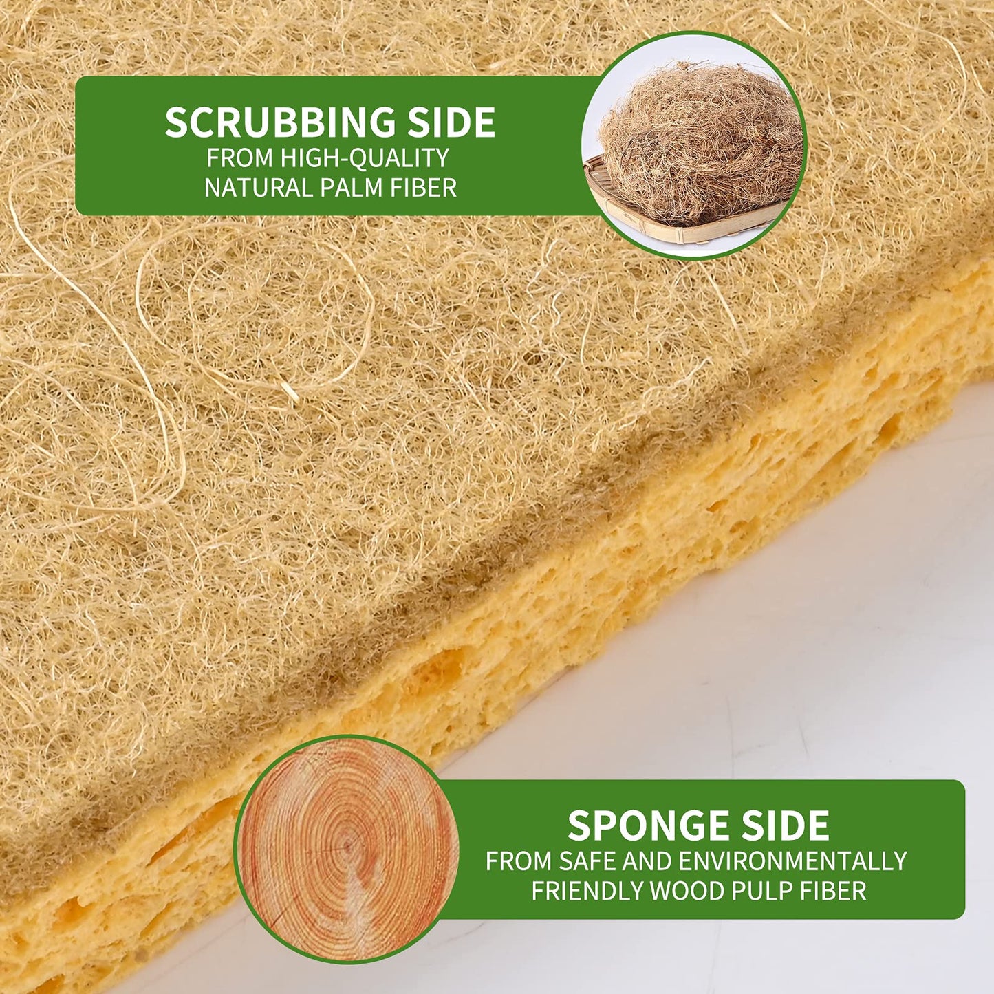 CFQ 12 Count Plant Fiber Dish Sponges, Non-Scratch, Wood Surface, 12 oz, Beige, Brown