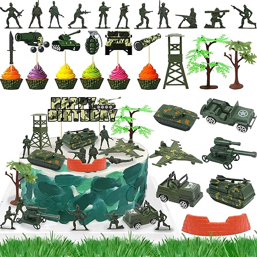 35pcs Camo Cake Cupcake Toppers Camouflage Cake Decorations Army Military Party Supplies with Camo Happy Birthday Cake Topper Army Men Tanks Vehicles
