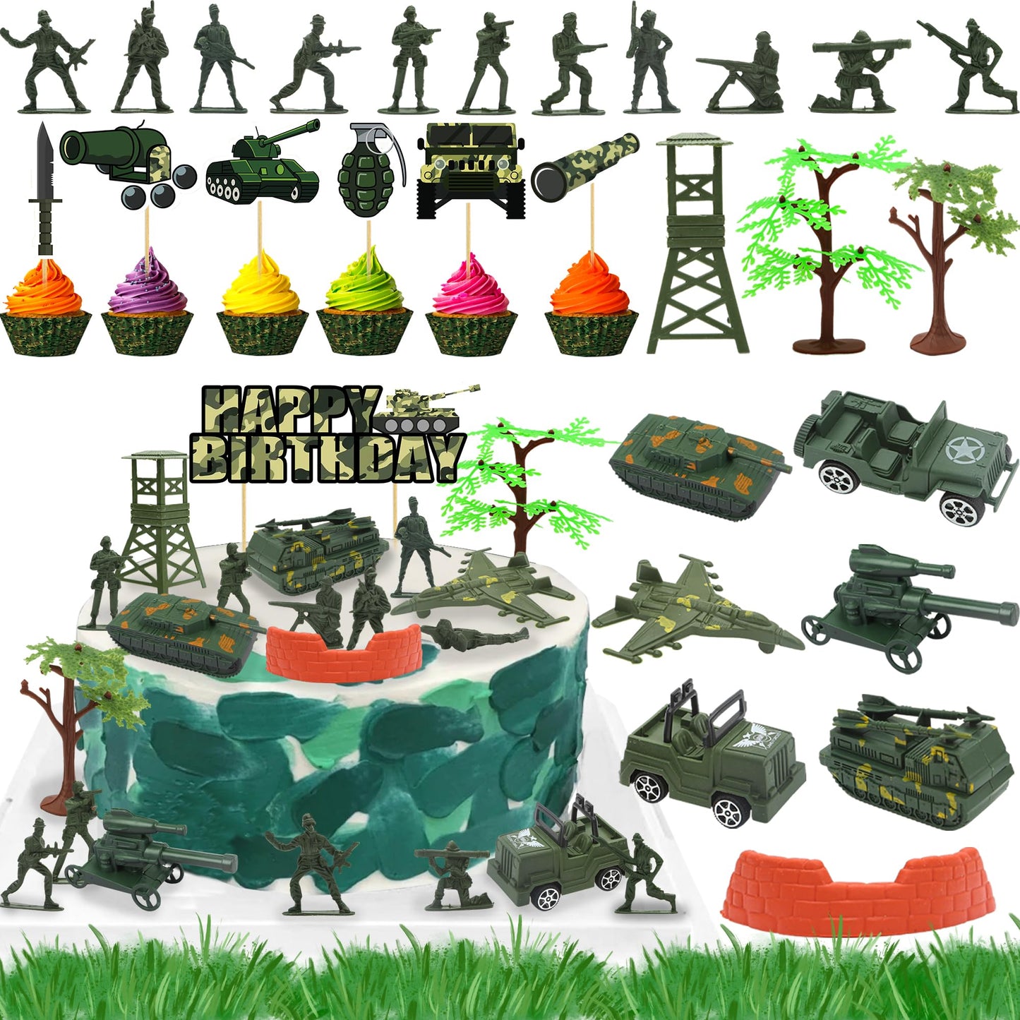 35pcs Camo Cake Cupcake Toppers Camouflage Cake Decorations Army Military Party Supplies with Camo Happy Birthday Cake Topper Army Men Tanks Vehicles