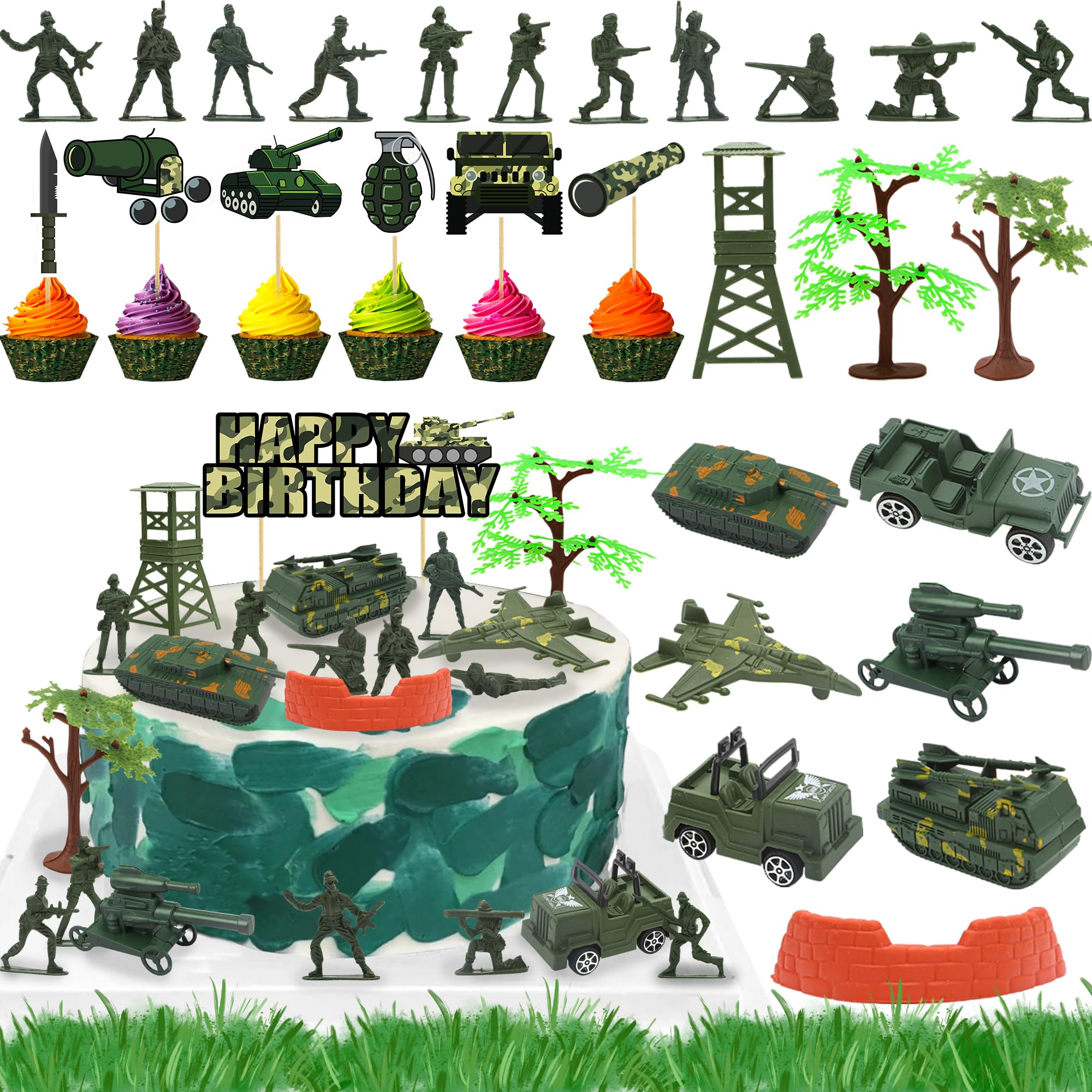 35pcs Camo Cake Cupcake Toppers Camouflage Cake Decorations Army Military Party Supplies with Camo Happy Birthday Cake Topper Army Men Tanks Vehicles