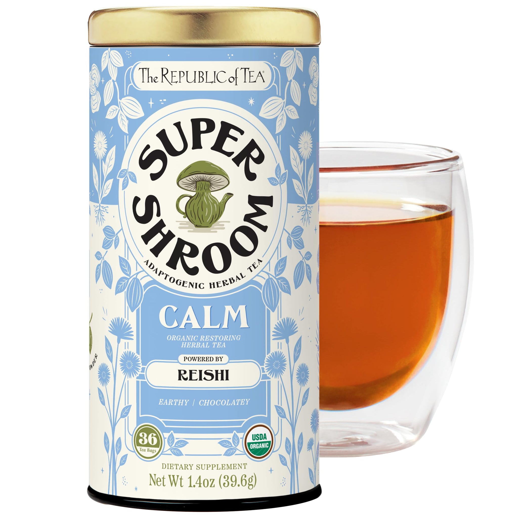 The Republic of Tea SuperShroom Calm Reishi Herbal Tea, Organic Rooibos, Cocoa and Dandelion Root Blend, Low Caffeine, Unbleached Tea Bags in Reusable