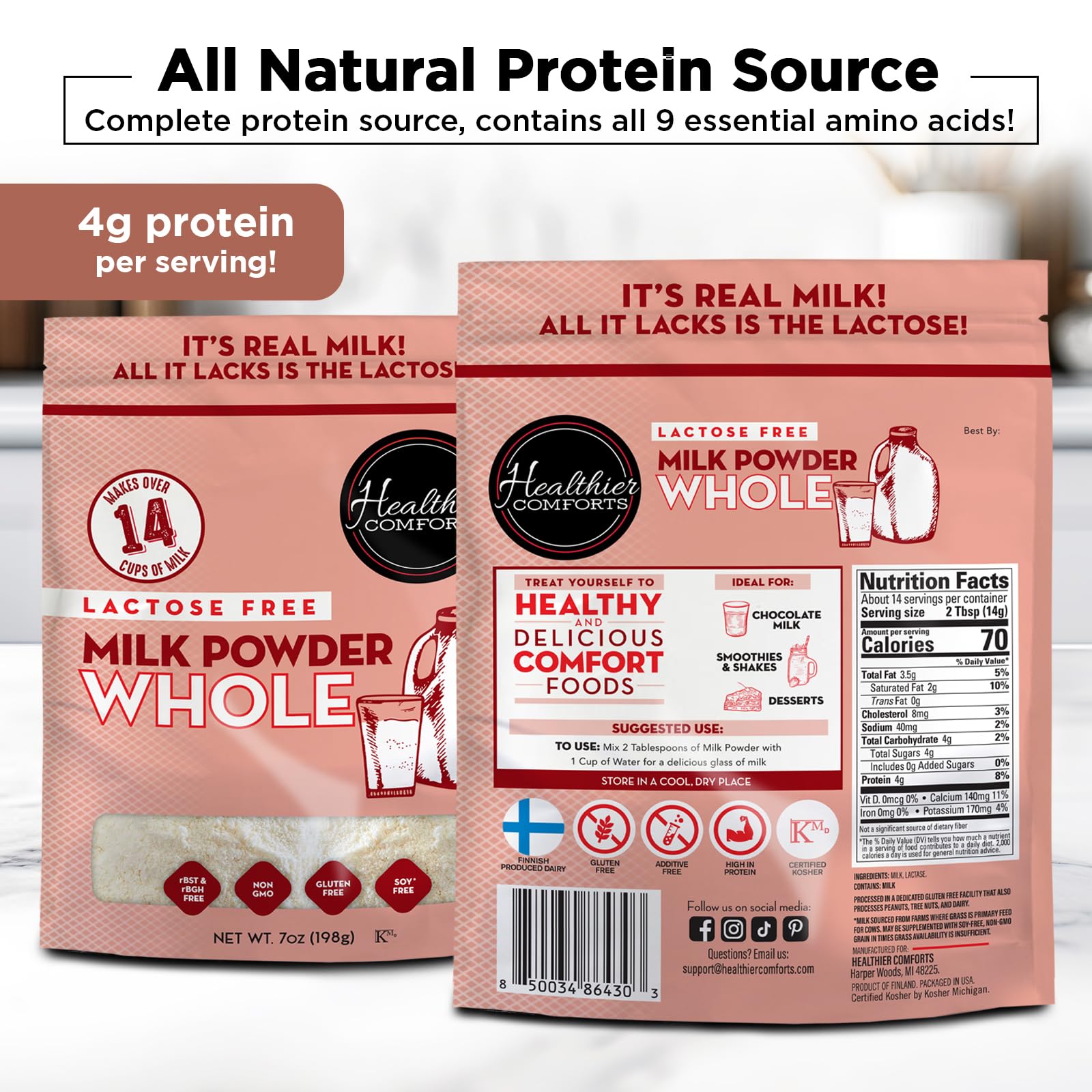Healthier Comforts Lactose Free Whole Milk Powder | Non-GMO, rBST Hormone Free, Kosher, Gluten Free, No Fillers | Baking, Coffee Creamer, Shakes, Pantry Staple, Camping | Makes 14 cups (7 oz)