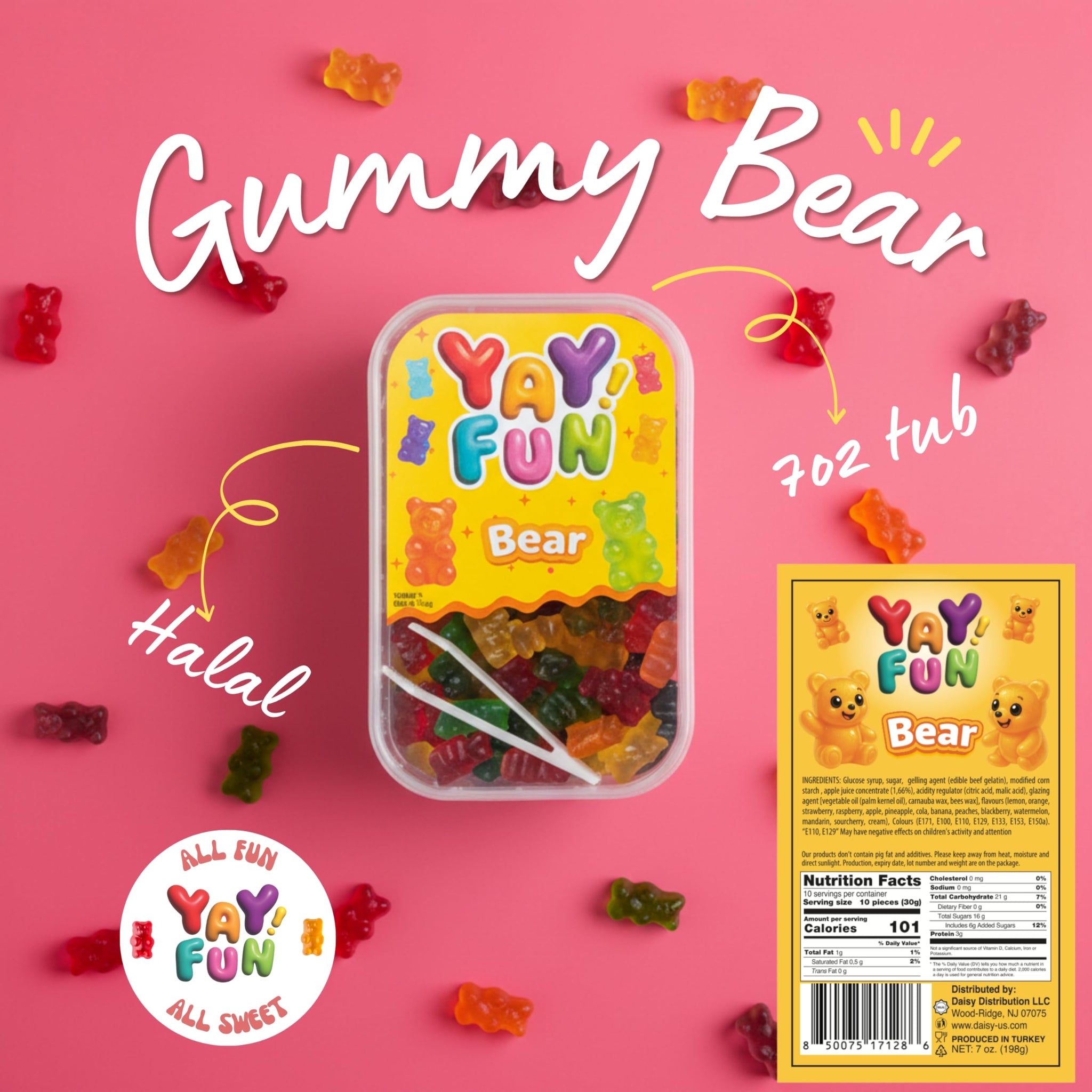 Halal Gummy Bears | 6 Pack Bundle (7 oz Tubs) | Colorful Fruit-Flavored Gummy Bears | Resealable Tubs in Bulk with Display Box | Halal Bulk Gummy