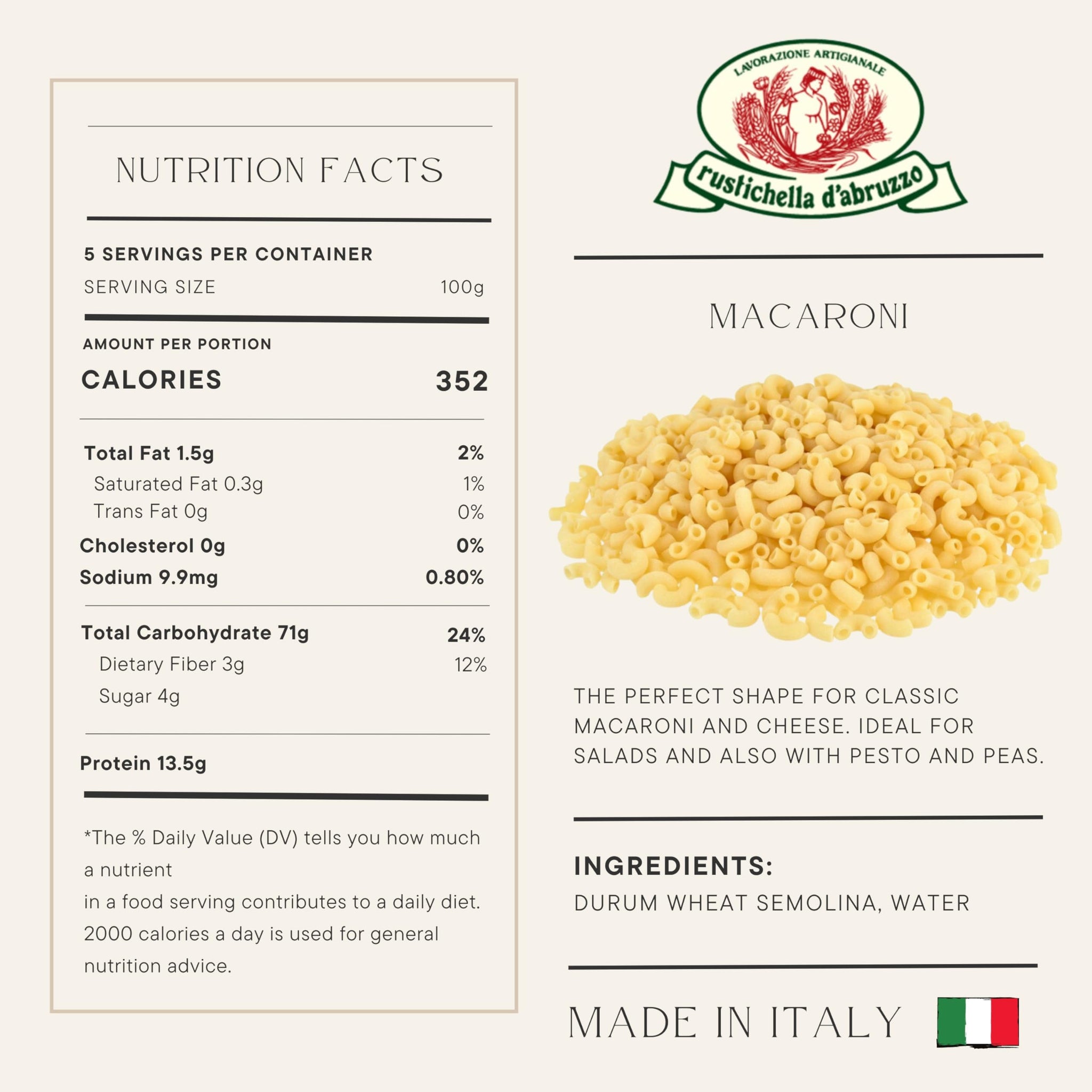 Rustichella d'Abruzzo Macaroni Pasta - 500g Classic Durum Wheat Small Pasta - Perfect for Macaroni and Cheese - Cooks in 5-7 Minutes - Authentic