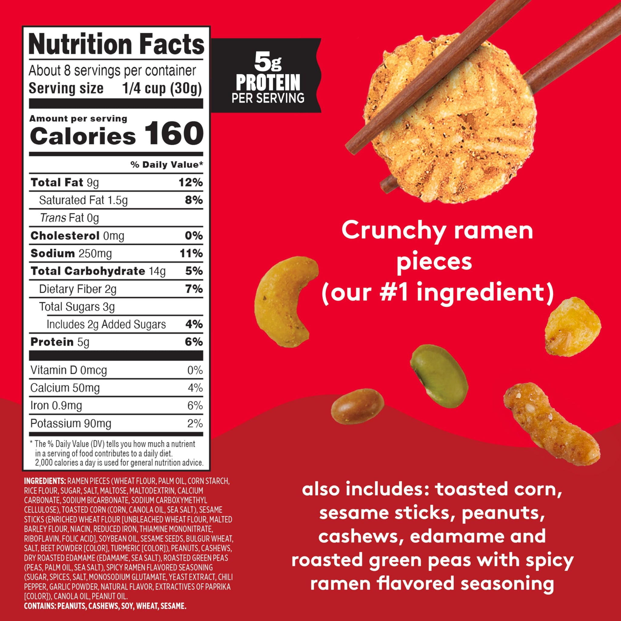 Snak Club Hot & Spicy Ramen Flavored Snack Mix with Peanuts & Cashews, 8 oz