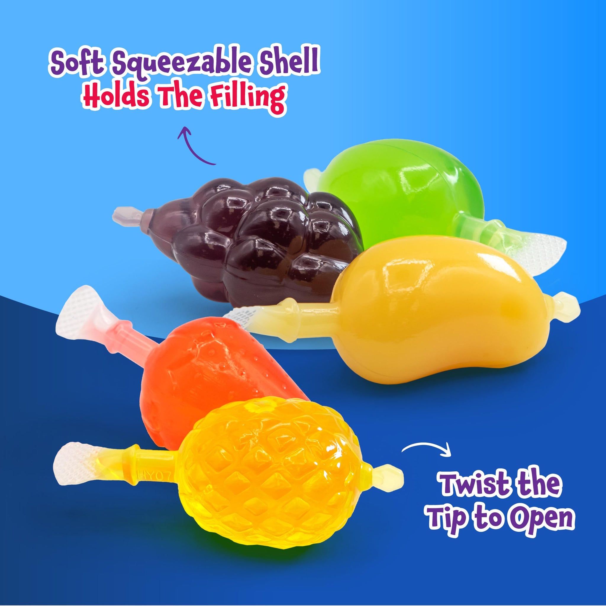 Fruit Squeezable Jellies - 40 Count Jar - Tik Tok Candy - Fun Jelly Treat in Assorted Fruit Flavors - Mango, Strawberry, Apple, Pineapple & Grape