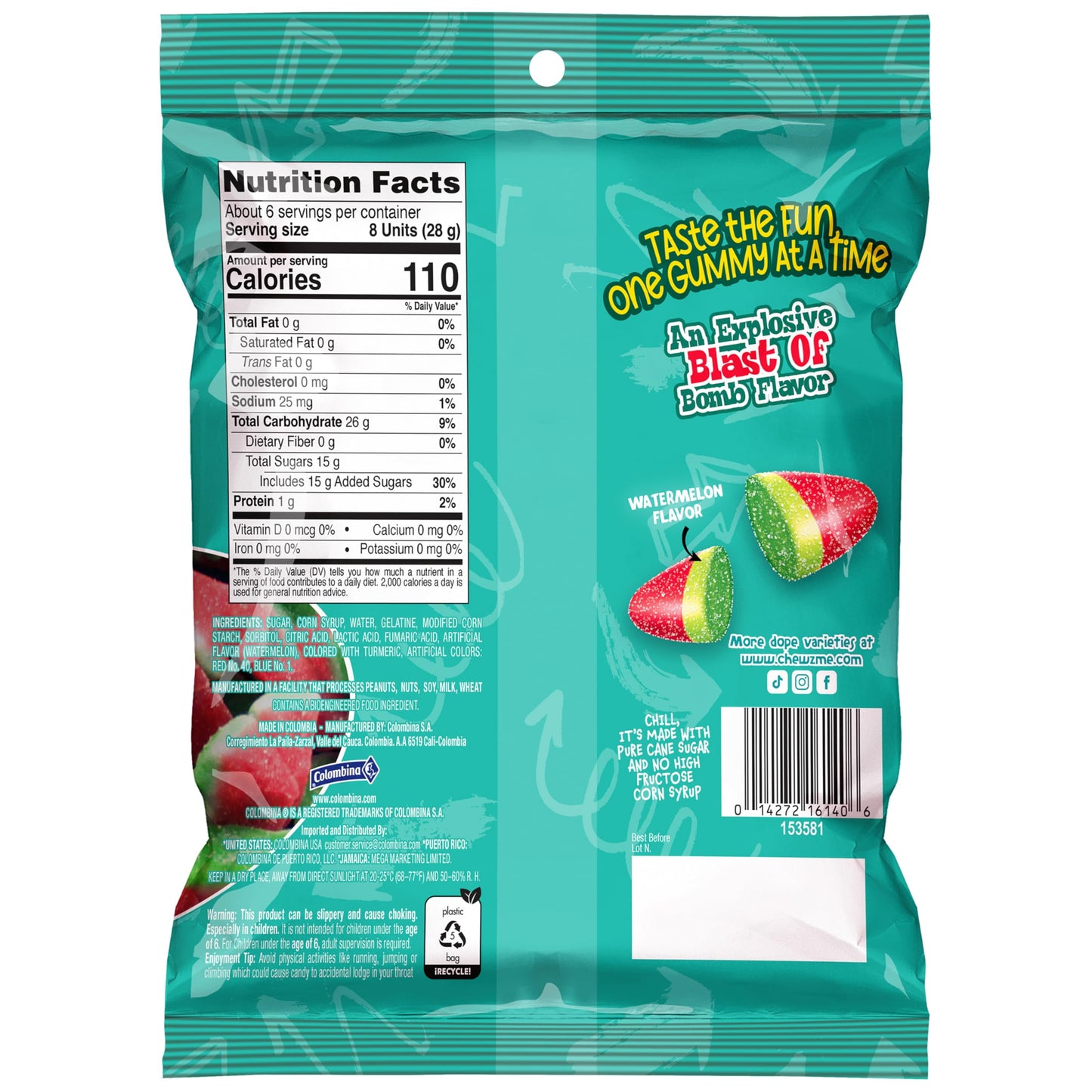 Colombina ChewzMe Watermelon Gummies, Sour Gummy Candy, 6 oz (Pack of 1)
