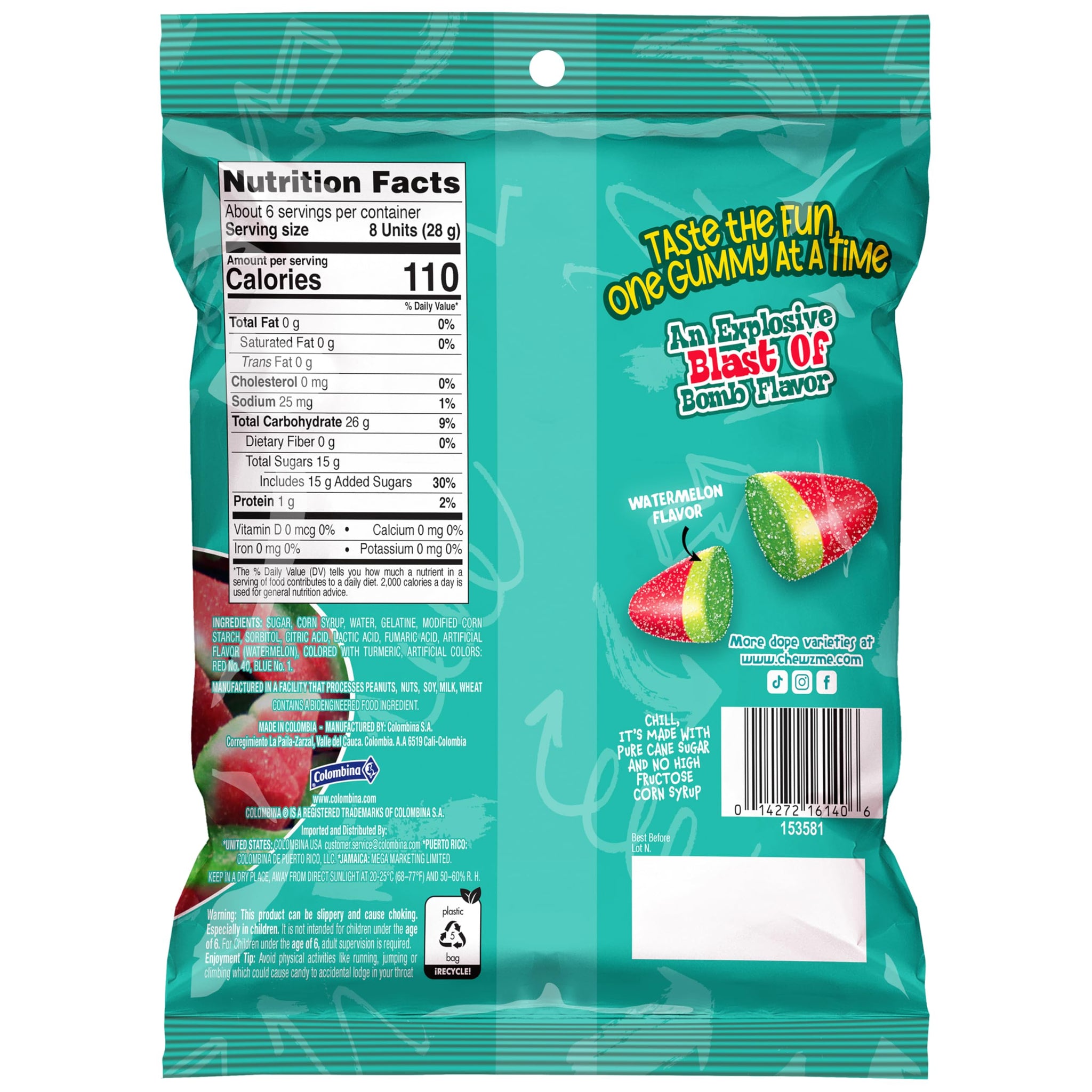 Colombina ChewzMe Watermelon Gummies, Sour Gummy Candy, 6 oz (Pack of 1)