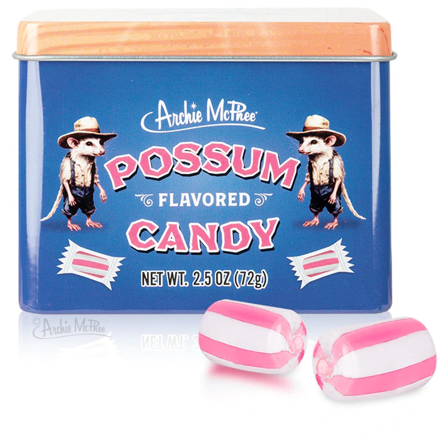 Archie McPhee Possum Flavored Hard Candy - 2.5 oz Tin, Individually Wrapped Pink and White Striped Candies, Tastes Like Possum, Novelty Gag Gift