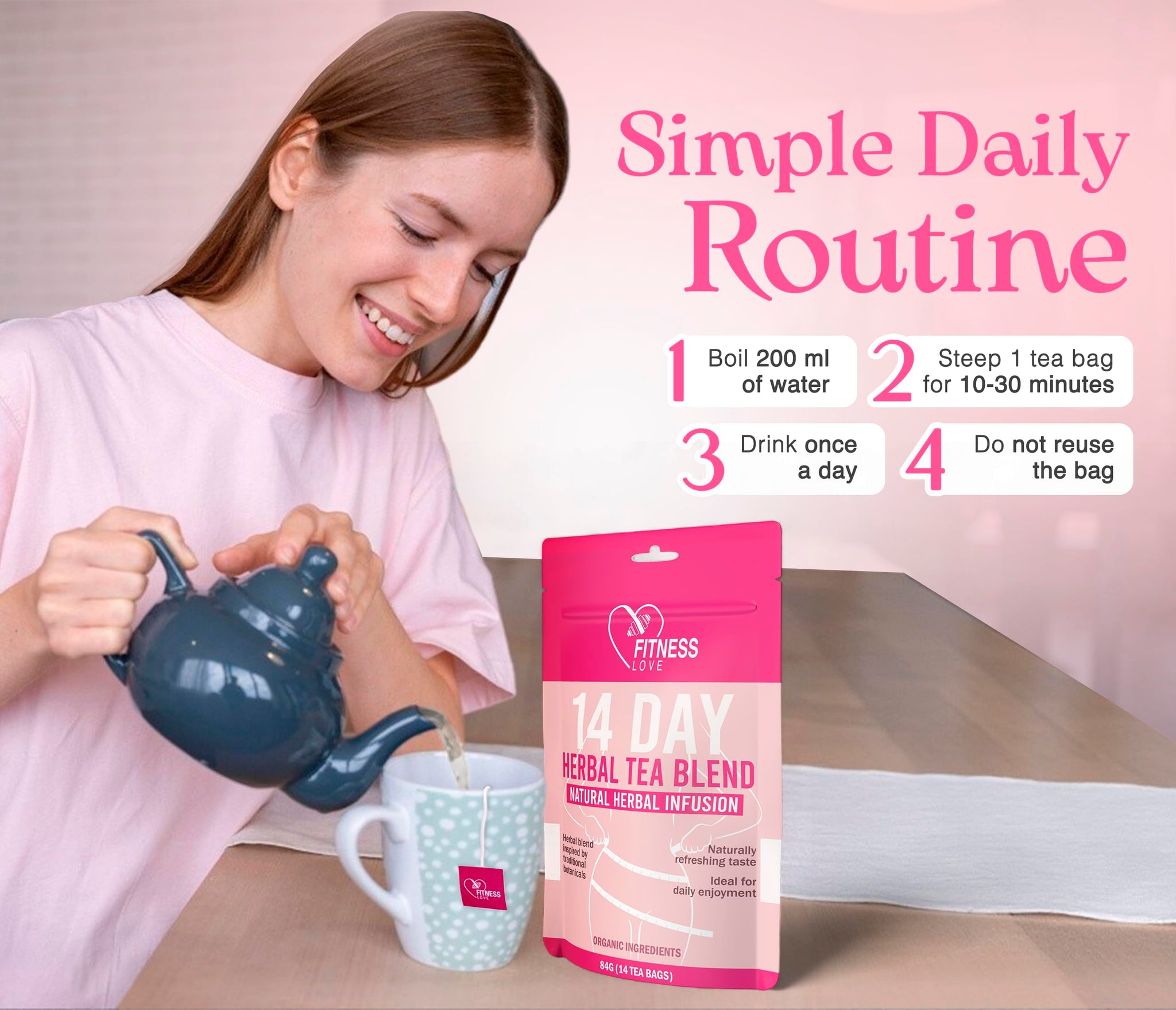 Fitness Love 14 Day Herbal Detox Tea - Caffeine-Free Infusion with Lotus, Rose & Chrysanthemum - Gentle Digestive & Wellness Support - Herbal Blend