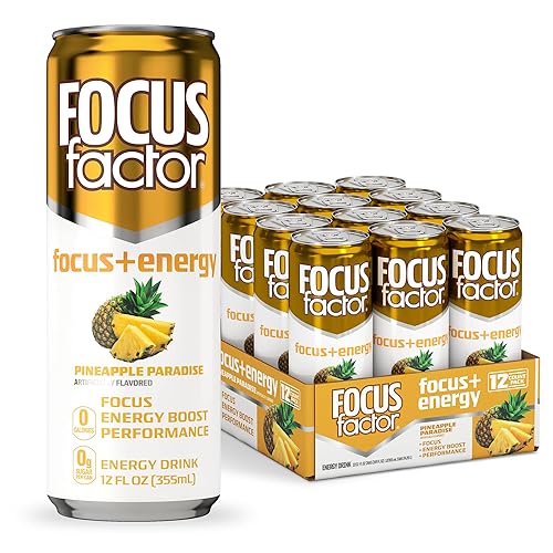 Focus Factor Energy Drink - 12 x 355ml Cans (Pineapple Paradise Flavor) - with Focus + Energy - Lightly Carbonated, Sugar Free, Low Calorie