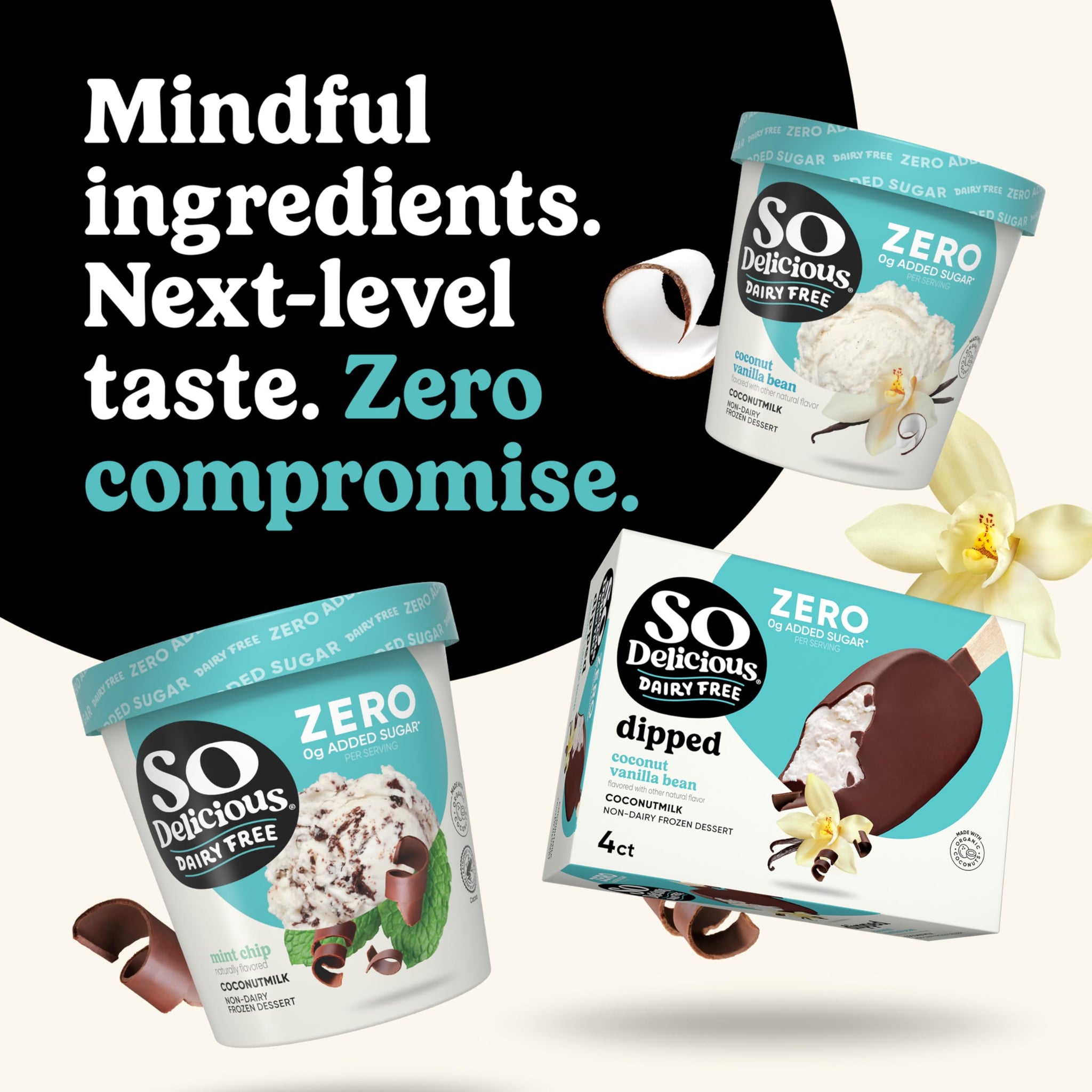 SO DELICIOUS Dessert Coconut Milk Bar Mini Chocolate Vanilla No Sugar Added, 2.3 Fl Oz, 4 Count
