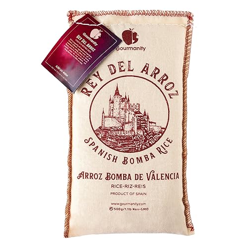 Gourmanity 1.1lb/500g Spanish Bomba Rice for Paella, Rey del Arroz Authentic Spanish Bomba Rice from Spain [1.1 Pound]