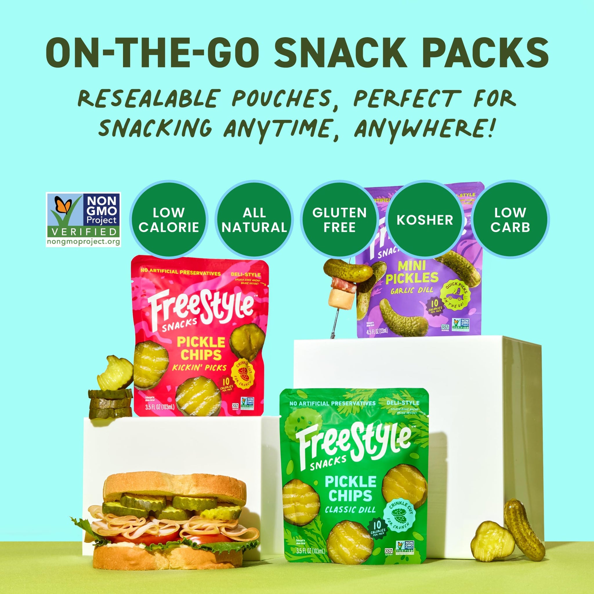 Freestyle Snacks Pickle Variety Snack Packs - 3 Flavors of All Natural, Fresh-Packed Deli-Style Pickles - Non-GMO, Kosher, Gluten-Free, Low Calorie