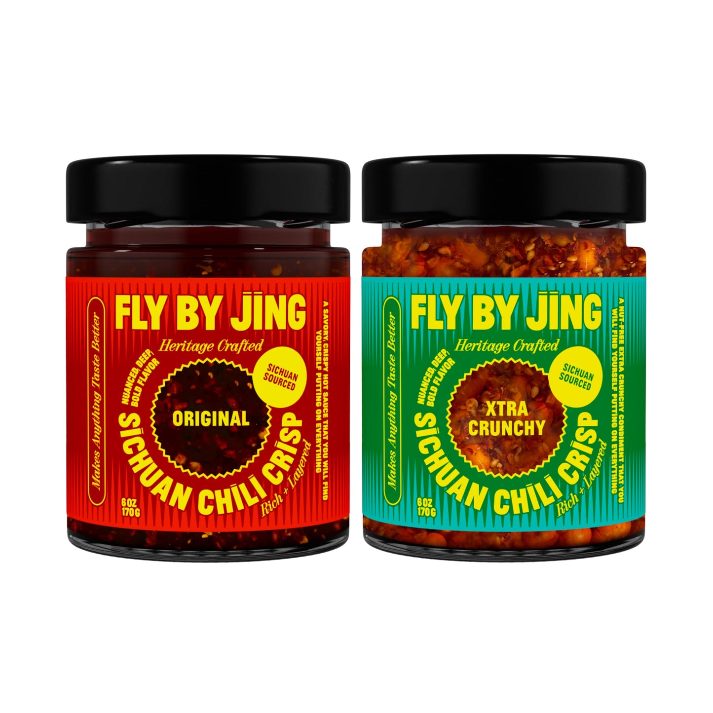FLYBYJING Original + Xtra Crunchy Sichuan Chili Crisp Duo: Premium Chili Sauces Good on Noodles, Proteins, Veggies & Everything - Spicy, Savory