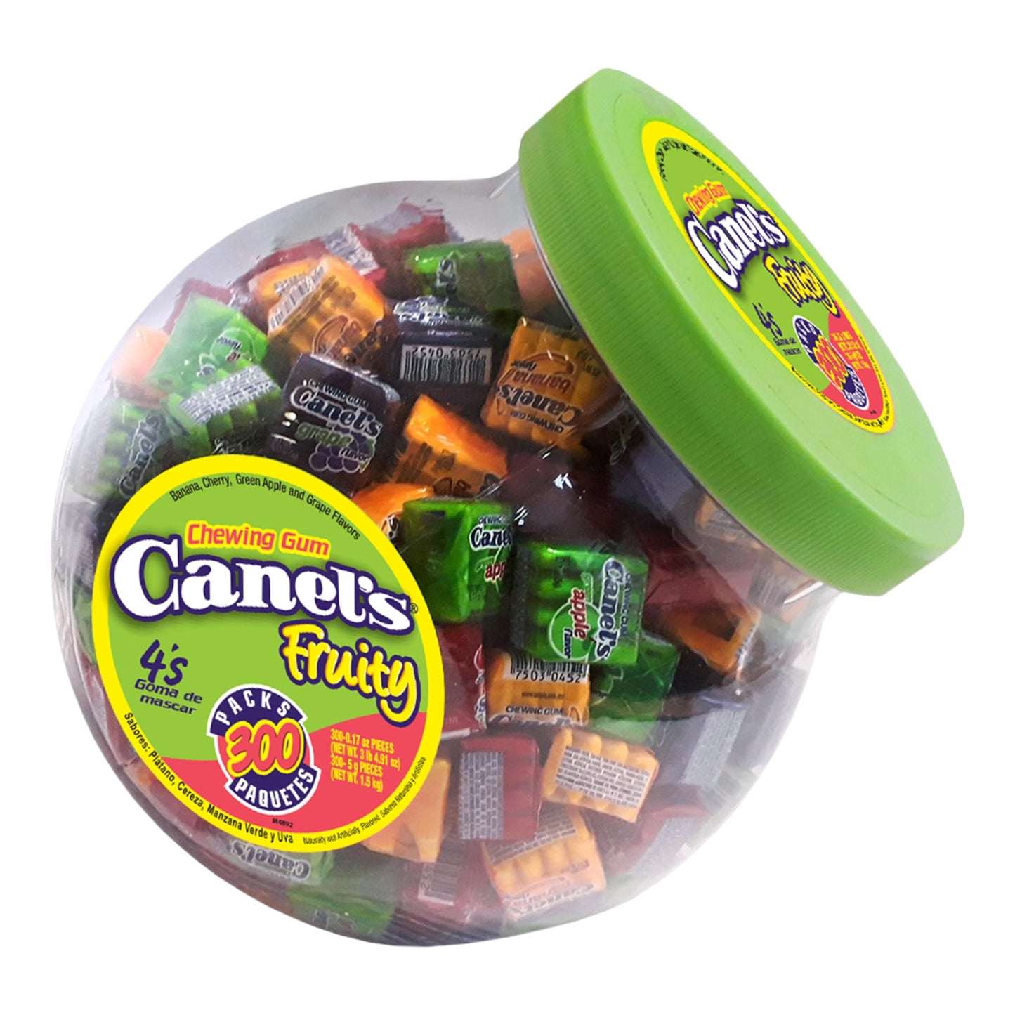Canel’s Fruit Flavor Chewing Gum, 4 Piece Packs with Cherry, Banana, Grape, and Apple, for Parties and Sharing, 300 Count Jar (Pack of 1)