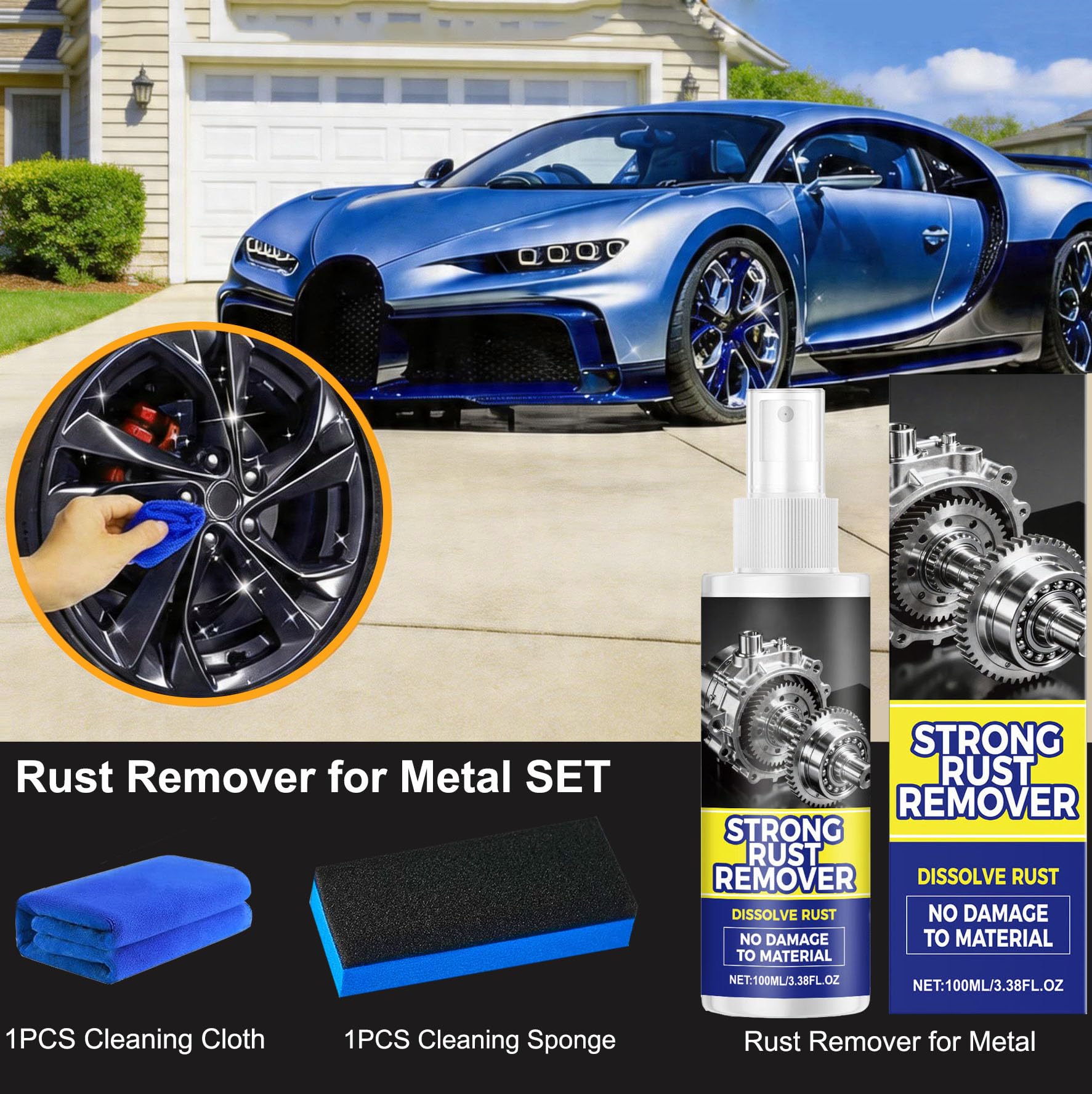 Upgrade Rust Remover Set for Metal, with Cleaning Cloth and Sponge, Heavy Duty Metal Cleaner for Vehicles, Tools, Chains, Multipurpose Iron Out Rust