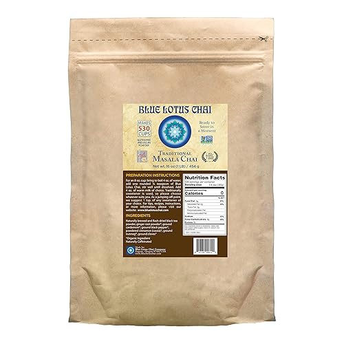 Blue Lotus Chai - Traditional Masala Chai - Makes 530 Cups - 1 Pound Bulk Bag Masala Spiced Chai Powder with Organic Spices - Instant Indian Tea No