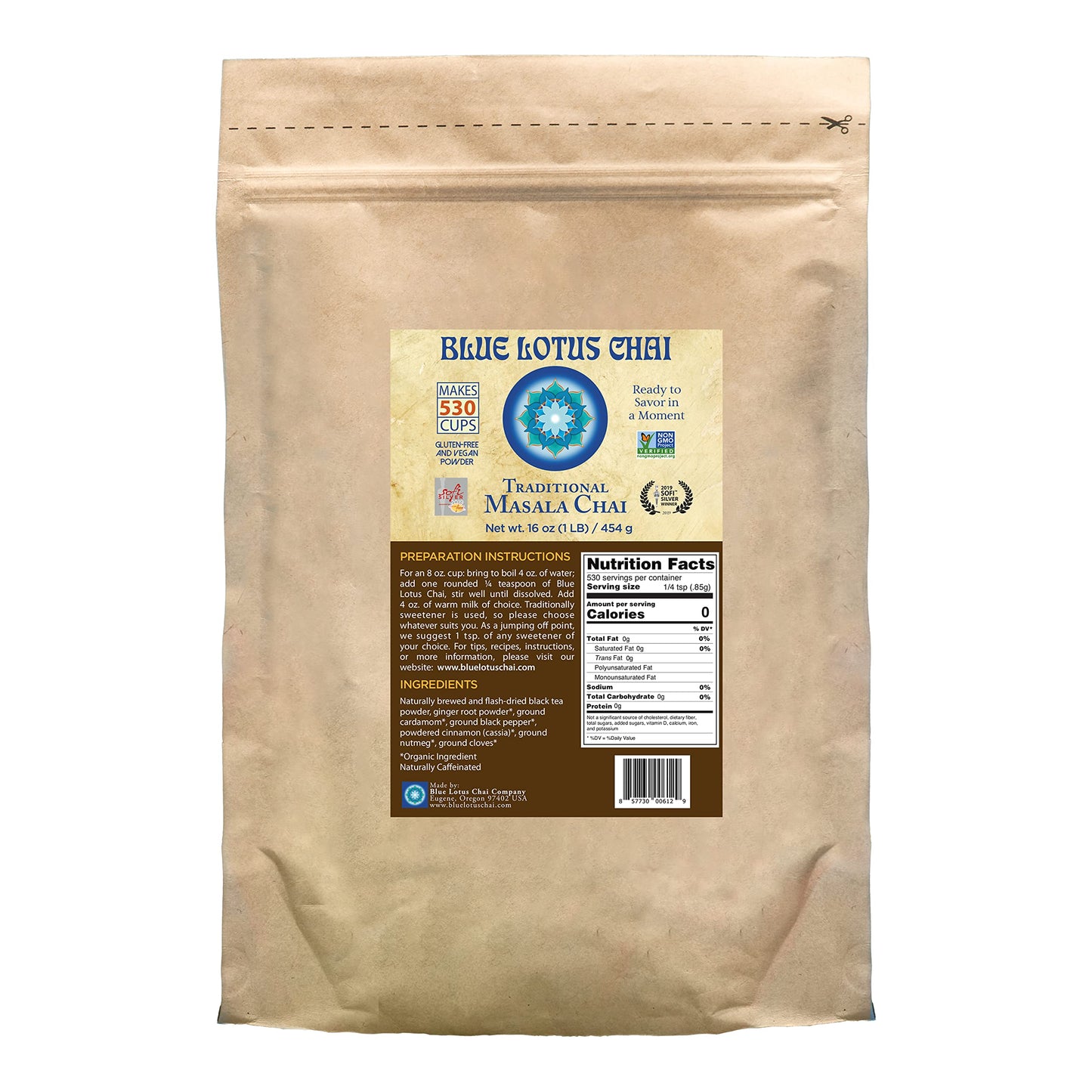 Blue Lotus Chai - Traditional Masala Chai - Makes 530 Cups - 1 Pound Bulk Bag Masala Spiced Chai Powder with Organic Spices - Instant Indian Tea No