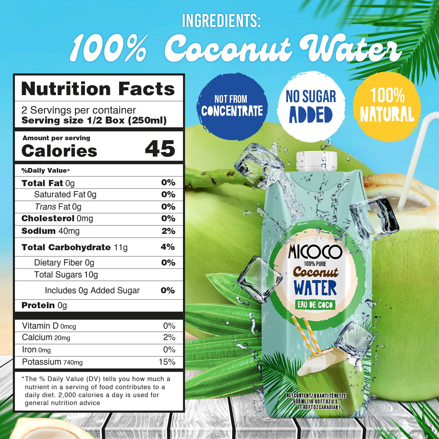 MICOCO Coconut Water, No Added Sugar, 100% Pure, Naturally Hydrating and Electrolyte-Rich, Made from Fresh Coconuts, Perfect for Smoothies, Workouts