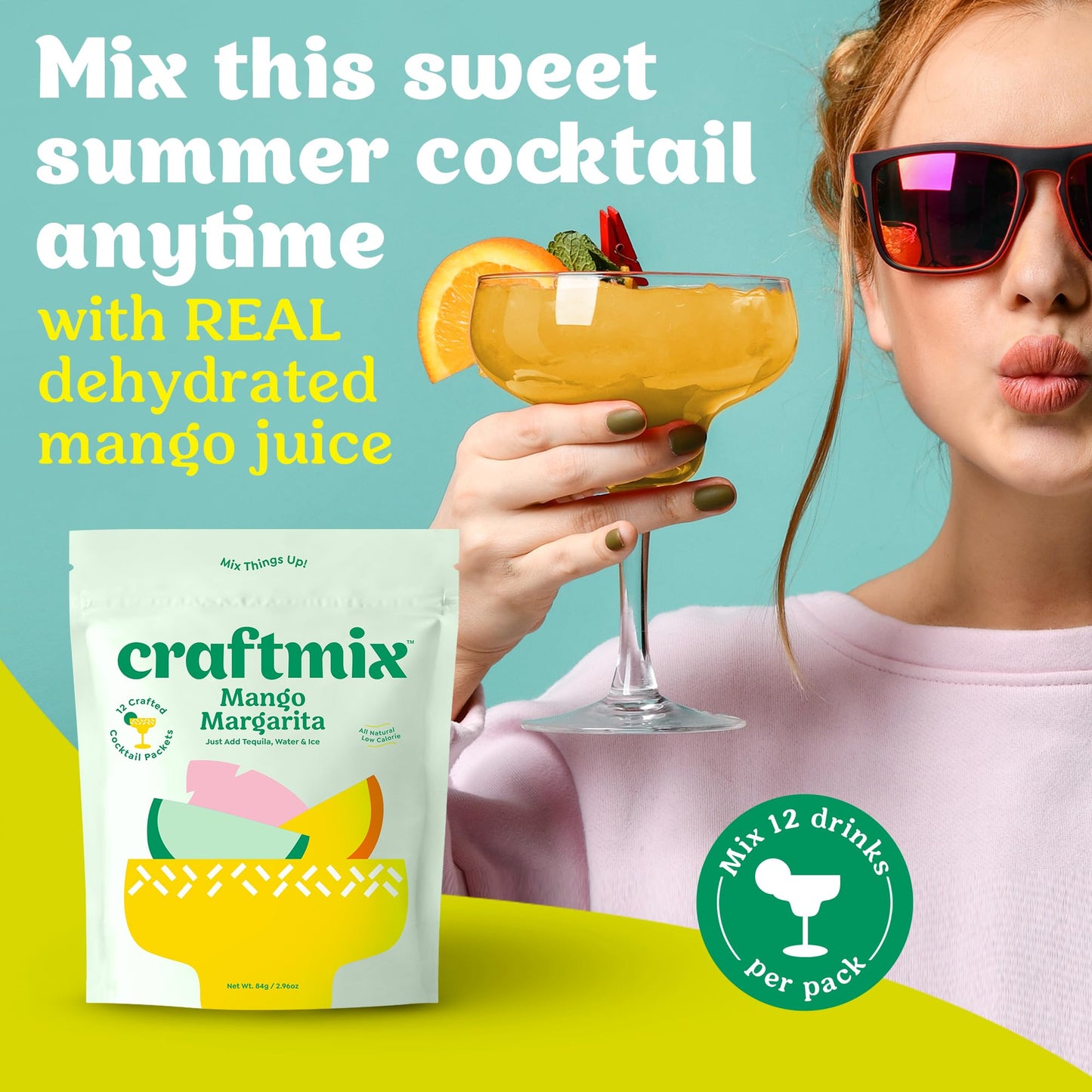 Craftmix Mango Margarita Cocktail & Mocktail Drink Mixer, Skinny Mixes - Water Flavoring Packets - Made With Real Fruit - Vegan, Low-Carb, Low-Sugar