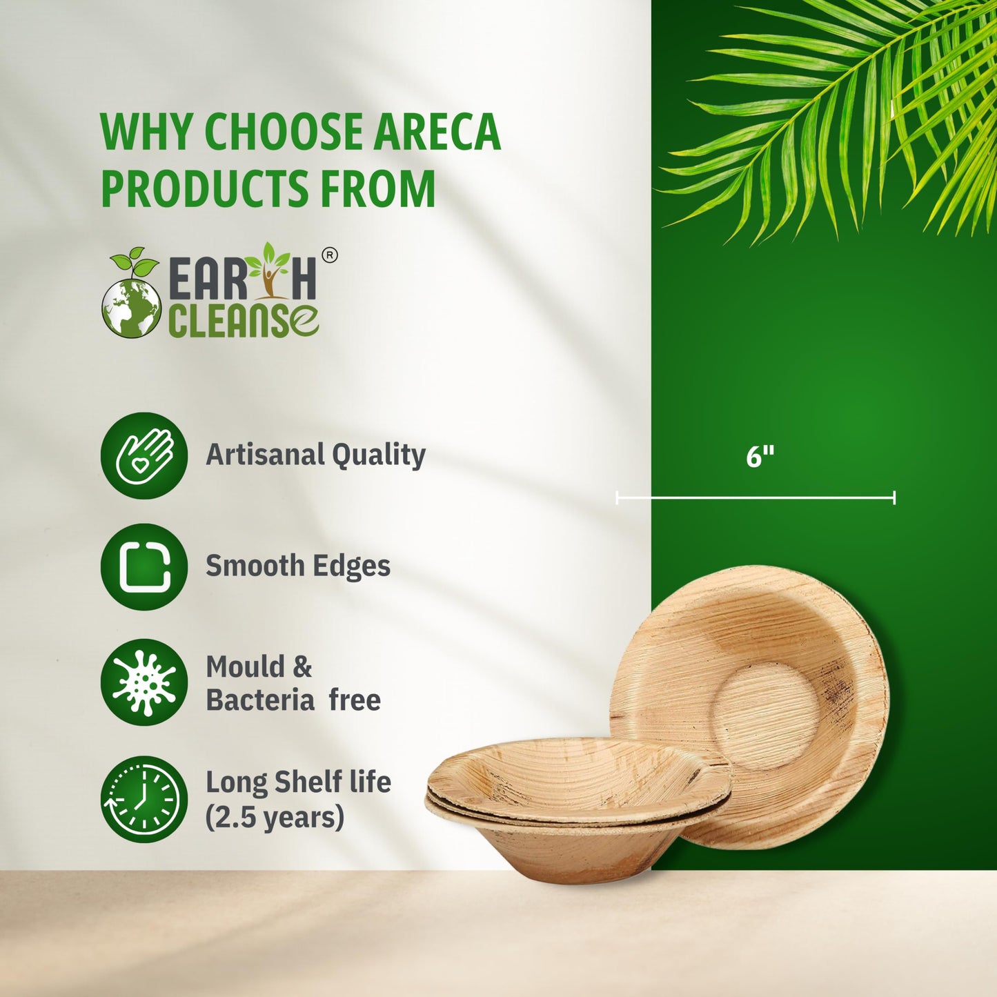 Earth Cleanse Palm Leaf Bowls 6 Inch Extra Deep 200 Pack - Bulk Pack, Disposable Bowls, Heavy Duty, Plastic Free, Compostable Dinnerware for Soups