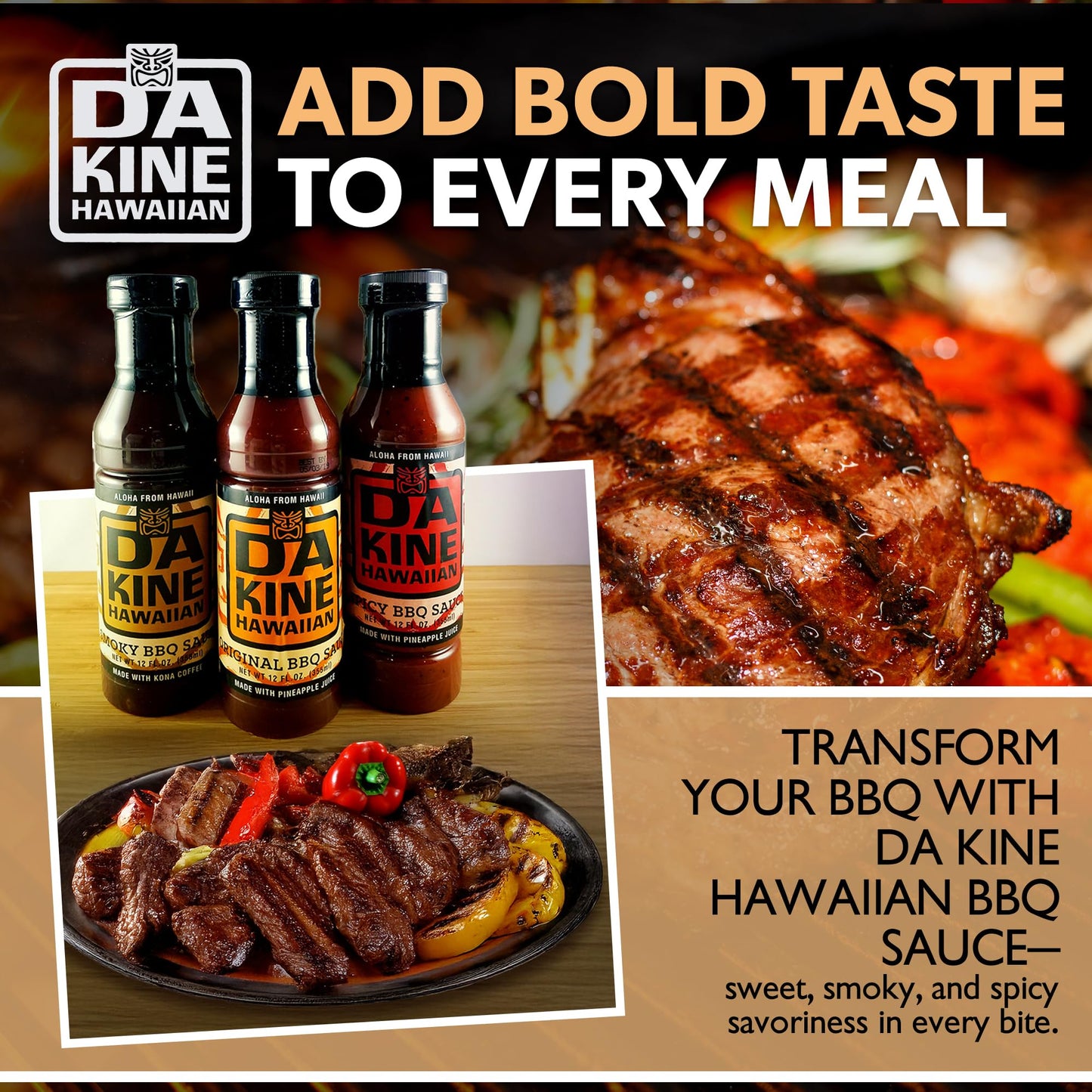 Da Kine Hawaiian BBQ Sauce Gift Set - Original, Smoky & Spicy BBQ Sauce Sampler - Made with Pineapple Juice - Gourmet Barbecue Sauces for Grilling