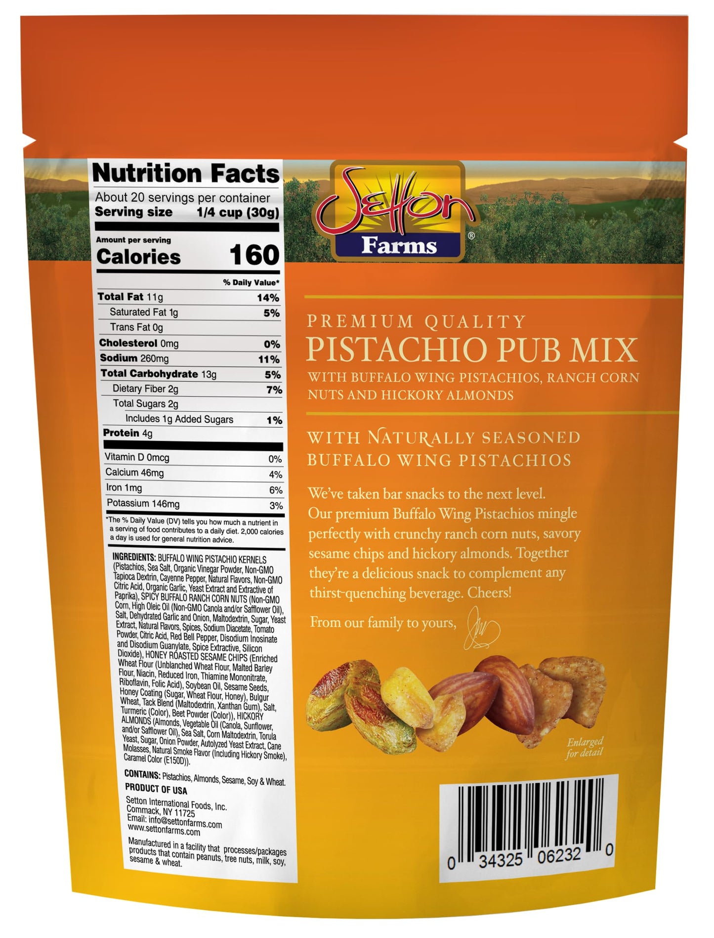 Setton Farms Pistachio Pub Mix 20 Oz. Value Bag. With Buffalo Wing Pistachios, Ranch Corn Nuts, Honey Roasted Sesame Chips and Hickory Almonds.