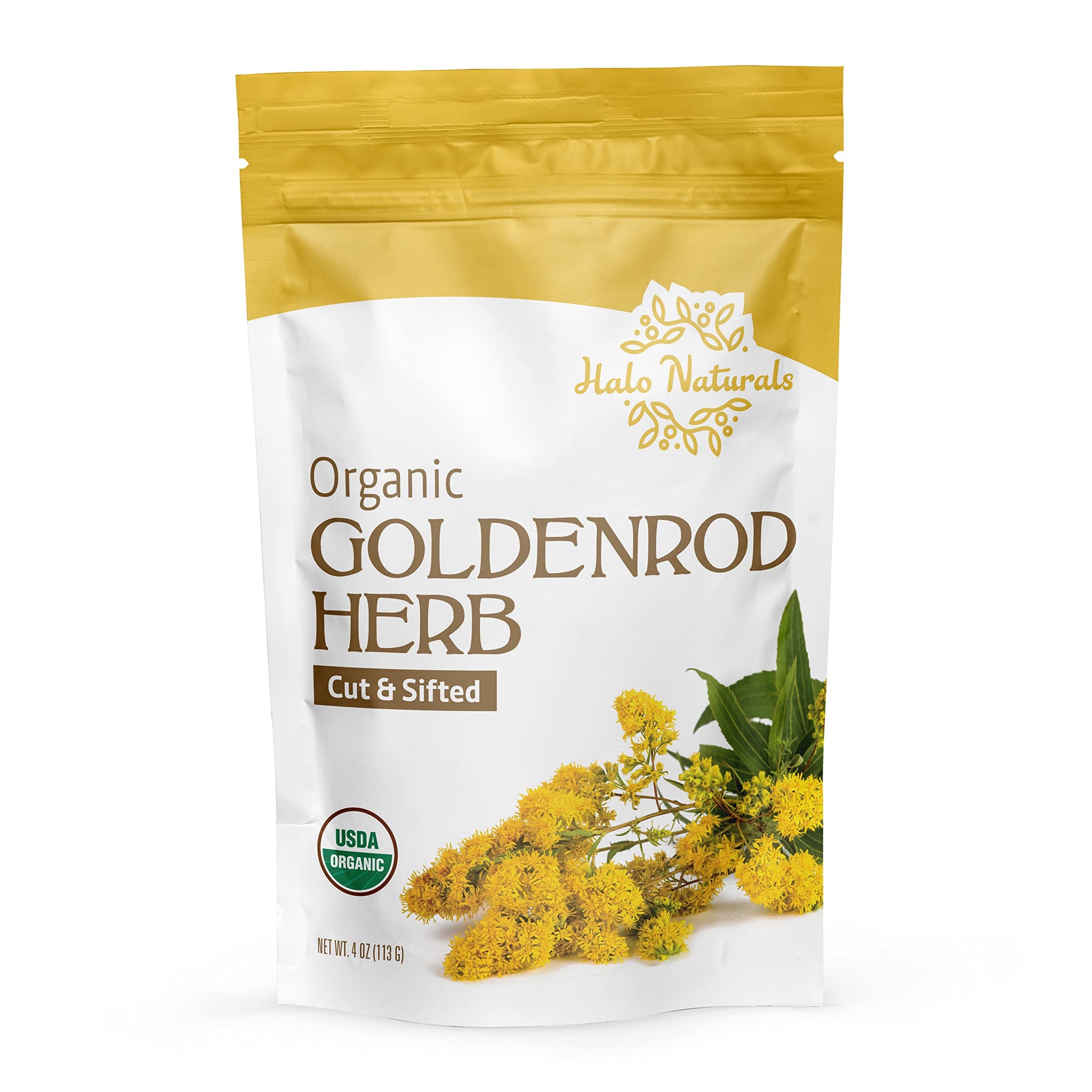 Halo Naturals Organic Goldenrod Herb Cut & Sifted, 4 Ounces (Solidago virgaurea) USDA Certified | Resealable Pouch| Packaged in The USA (Pack of 1)