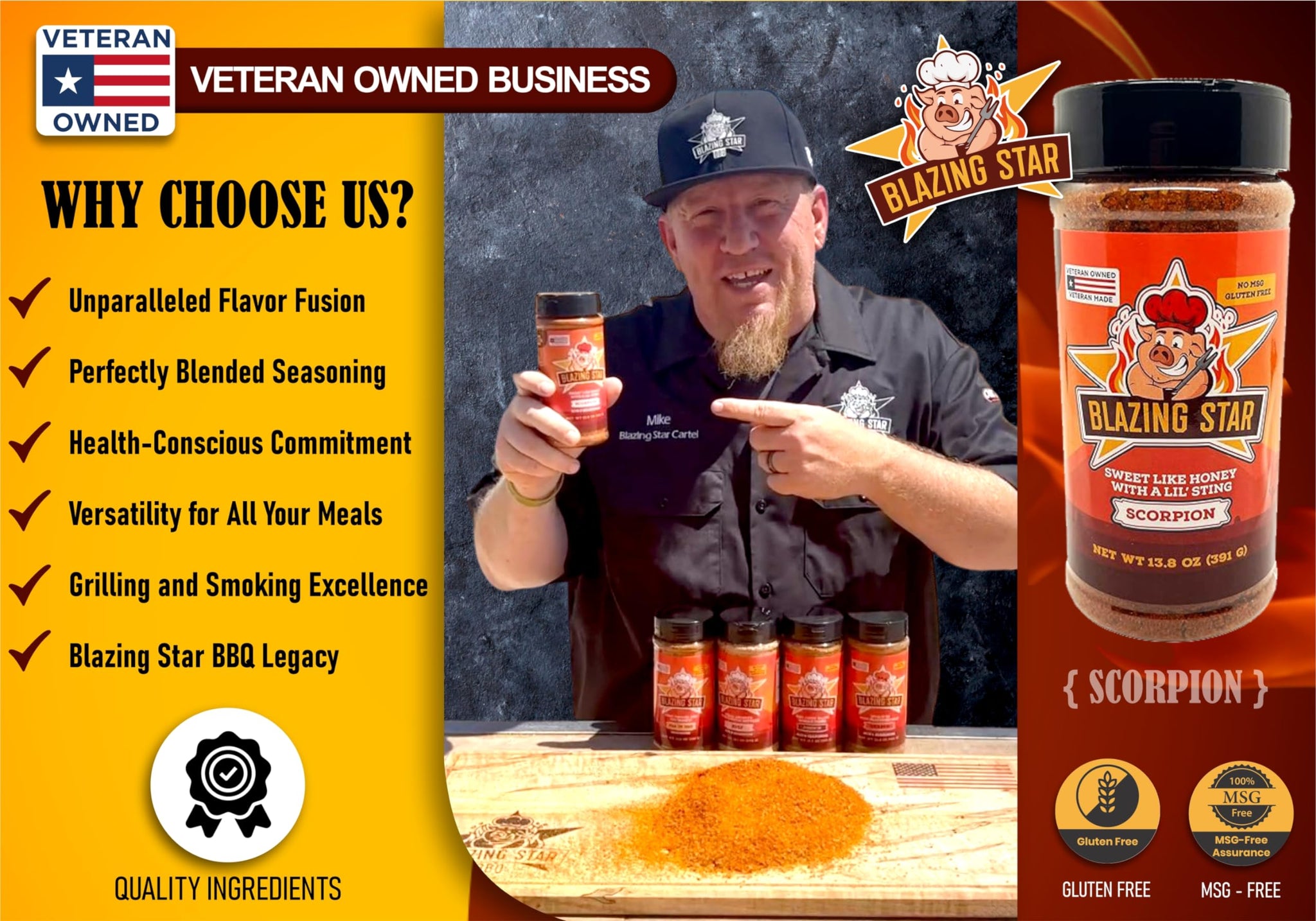 Blazing Star Scorpion Rub - Extra Spicy BBQ Rub with Trinidad Scorpion Peppers - Bold Seasoning for Ribs, Wings, Chicken, Pork, and Beef - Veteran