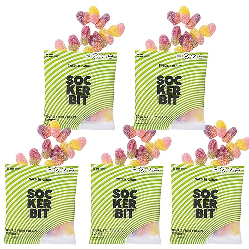 Sockerbit Swedish Candy Fruity Heart Candy, 5 Bags, Sweet & Sour Mix, Apple Cherry, Cassis Peach & Pineapple Strawberry, Sugar-Coated, Vegan, Gluten