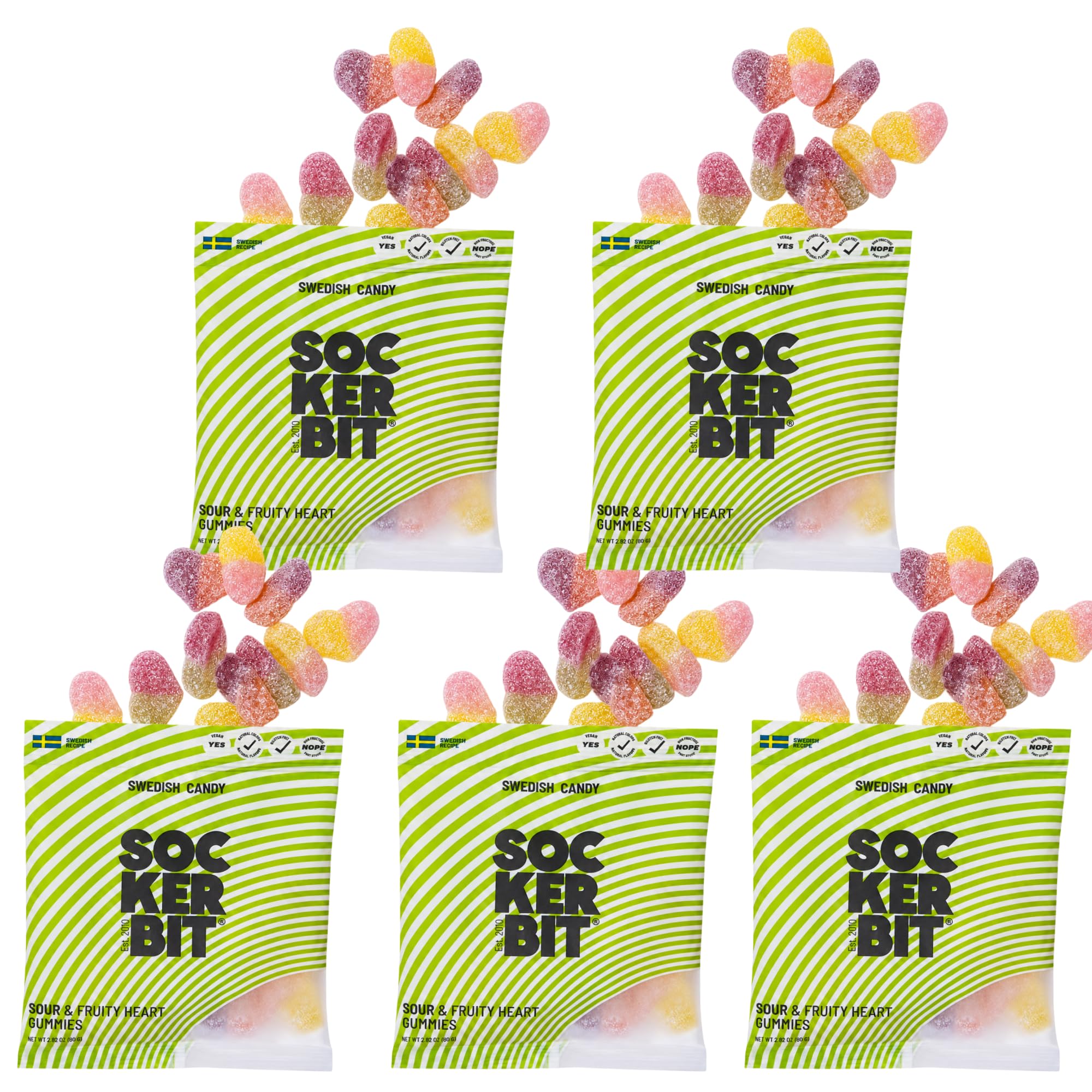 Sockerbit Swedish Candy Fruity Heart Candy, 5 Bags, Sweet & Sour Mix, Apple Cherry, Cassis Peach & Pineapple Strawberry, Sugar-Coated, Vegan, Gluten