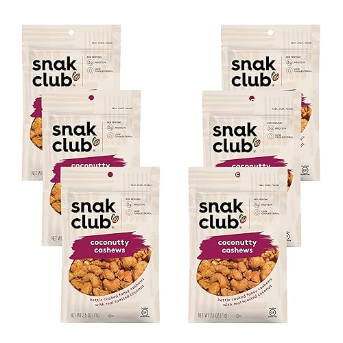 Snak Club Coconutty Cashews, Kettle Cooked Fancy Cashews with Toasted Coconut, Gluten-Free and Kosher Snack, 2.5 oz Snack Bags, 6 Pack