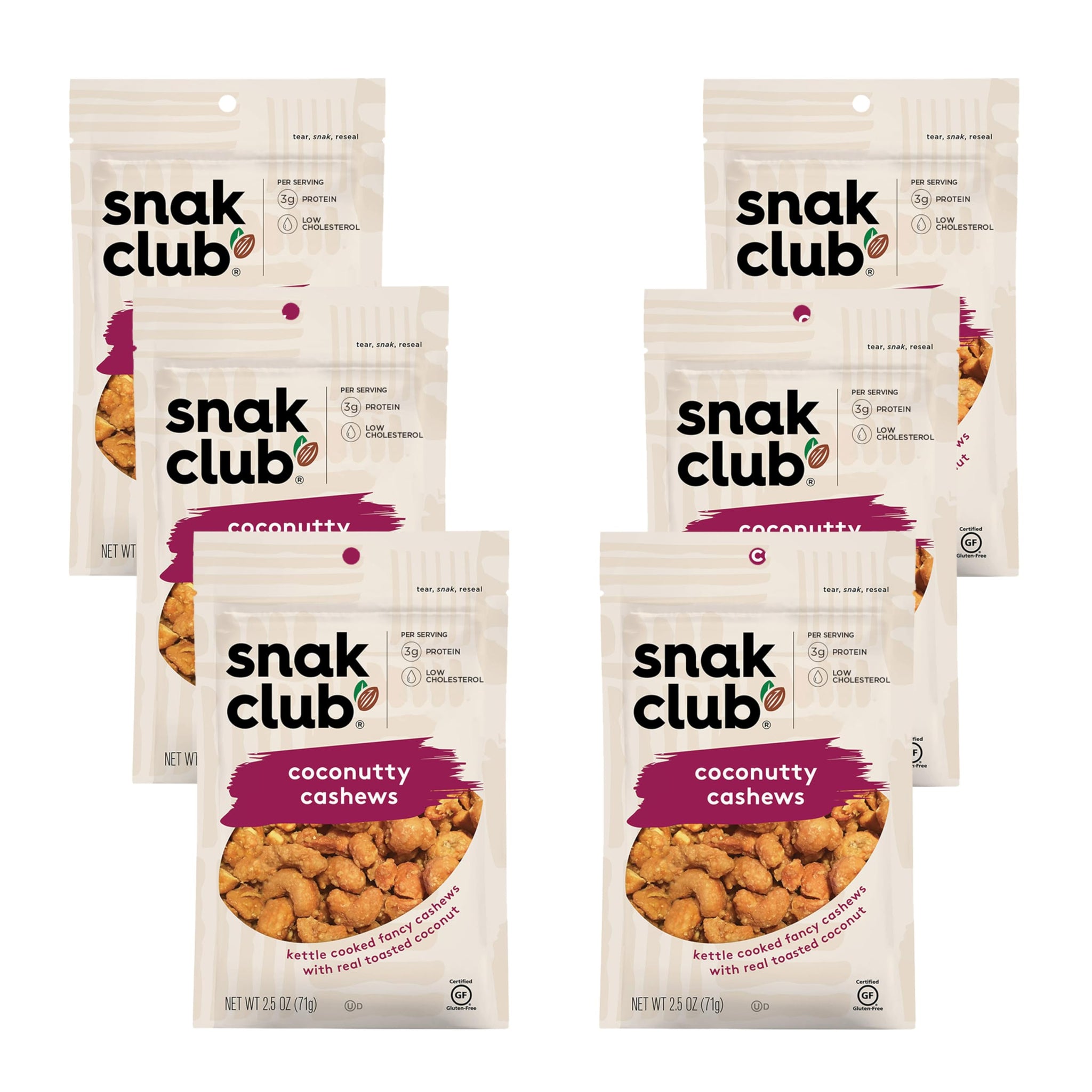 Snak Club Coconutty Cashews, Kettle Cooked Fancy Cashews with Toasted Coconut, Gluten-Free and Kosher Snack, 2.5 oz Snack Bags, 6 Pack