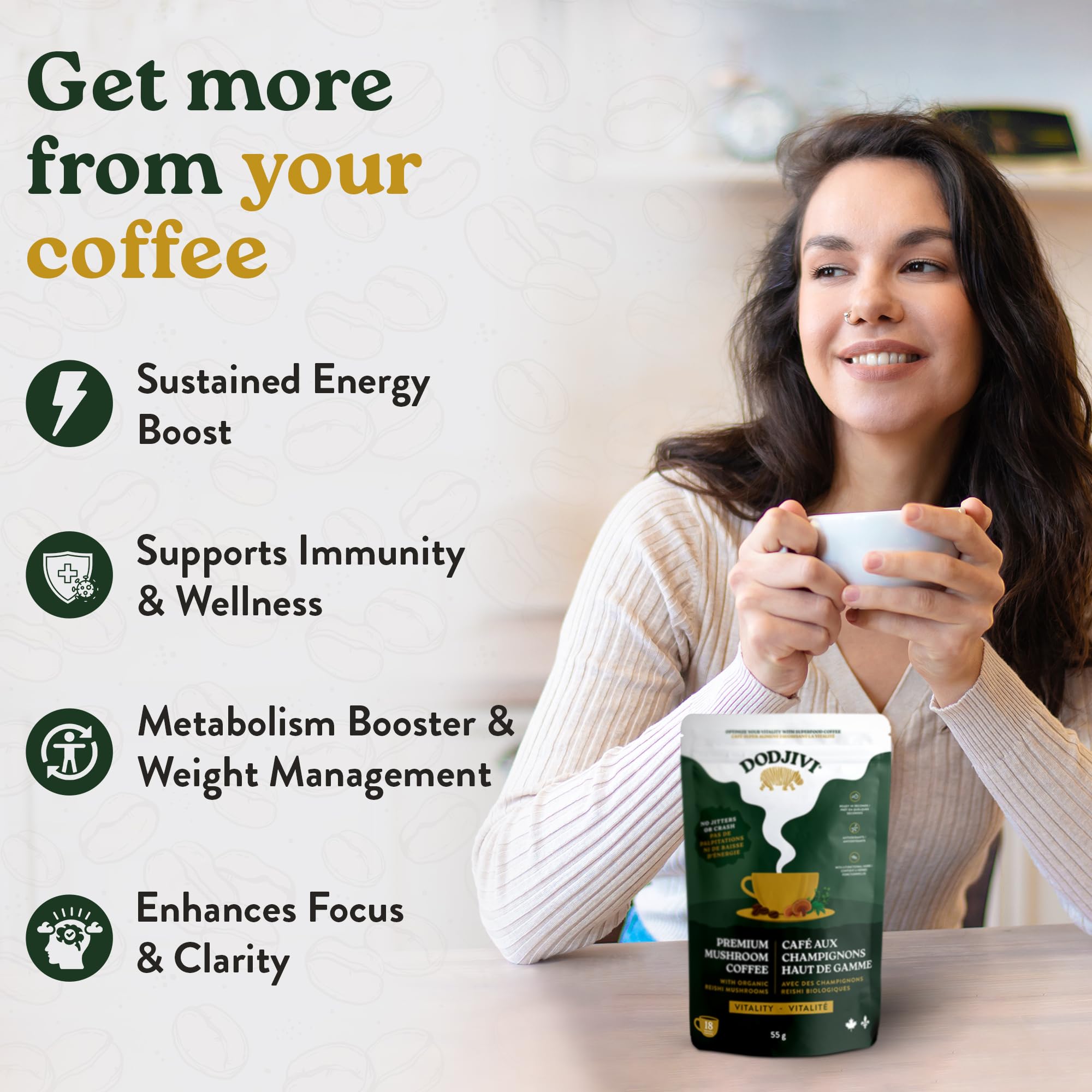 Dodjivi Organic Reishi Mushroom Coffee, Sustained Energy & Focus, Instant Coffee, Arabica with Adaptogenic Herbs, Sugar-Free, Vegan, Keto-Friendly