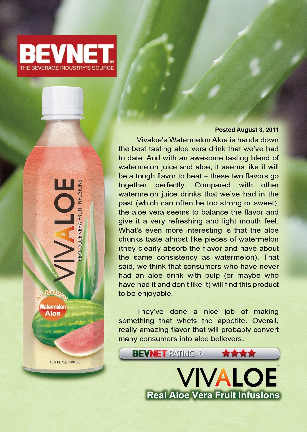 Vivaloe Watermelon Flavor Aloe Beverage All Natural Aloe Juice, 16.9 fl. oz./500 mL, 12 Count