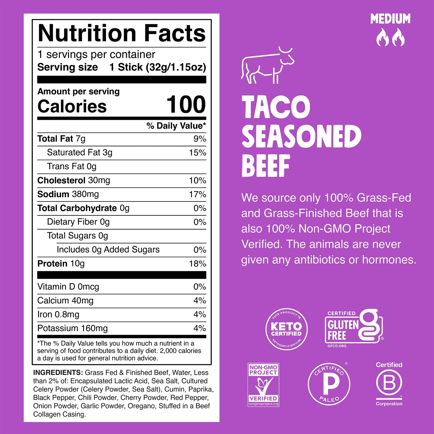 Chomps Grass-Fed and Finished Taco Beef Stick 8 Count, 1.15 OZ