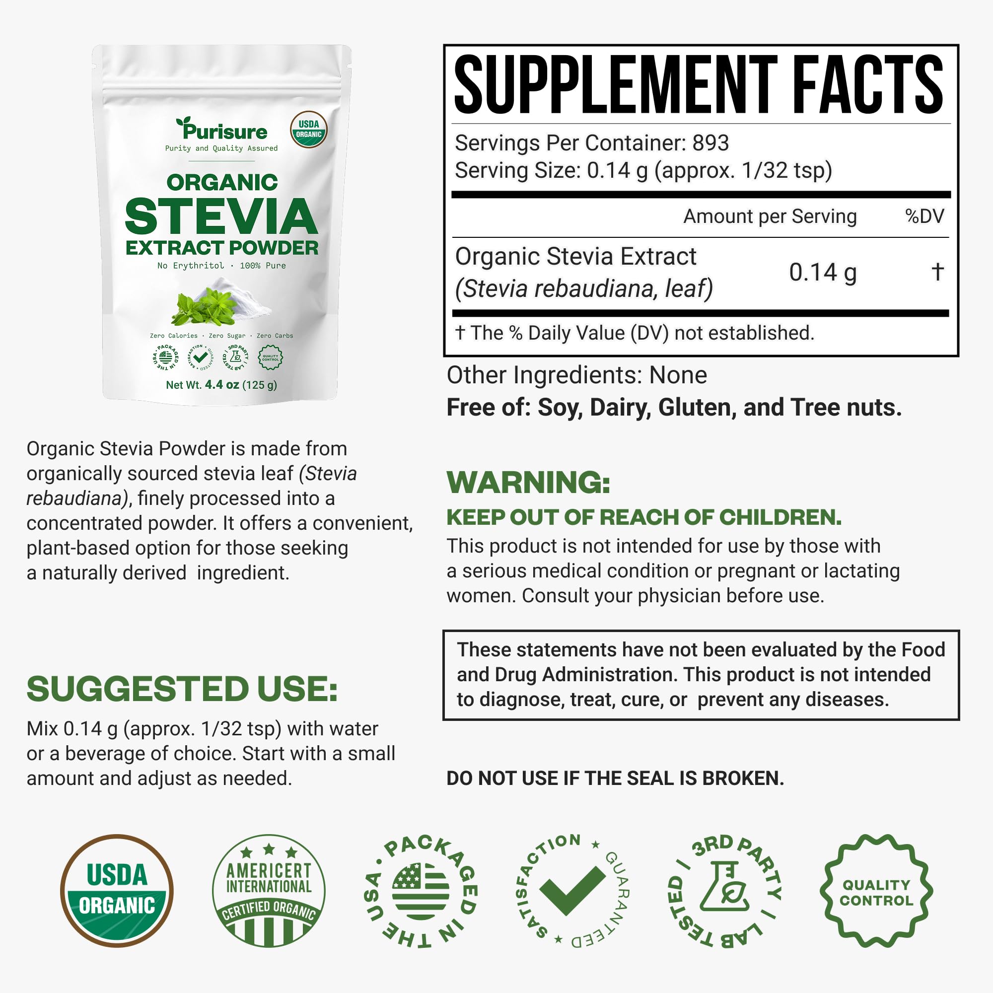 Organic Stevia Extract Powder,Zero Calorie, Pure Stevia Extract Concentrated Powder, Sweetener for Baking and Beverages - No Aftertaste, Non-GMO, Keto