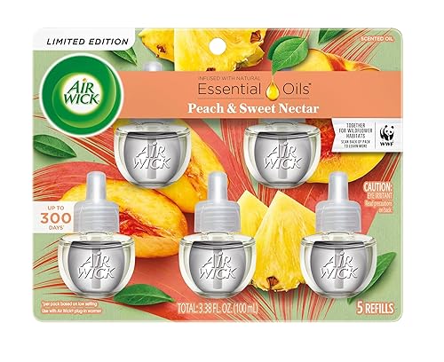 Air Wick Plug in Scented Oil Refill, 5 Ct, Fresh Peach and Sweet Nectar, Air Freshener, Essential Oils, Spring Collection