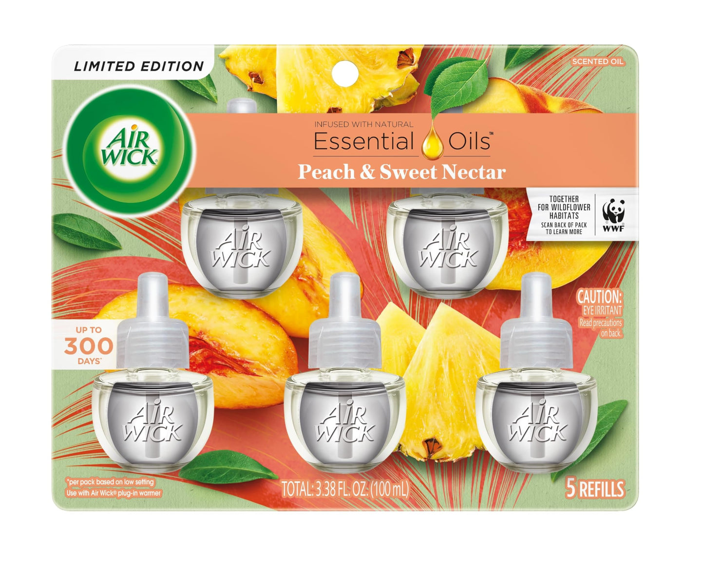 Air Wick Plug in Scented Oil Refill, 5 Ct, Fresh Peach and Sweet Nectar, Air Freshener, Essential Oils, Spring Collection