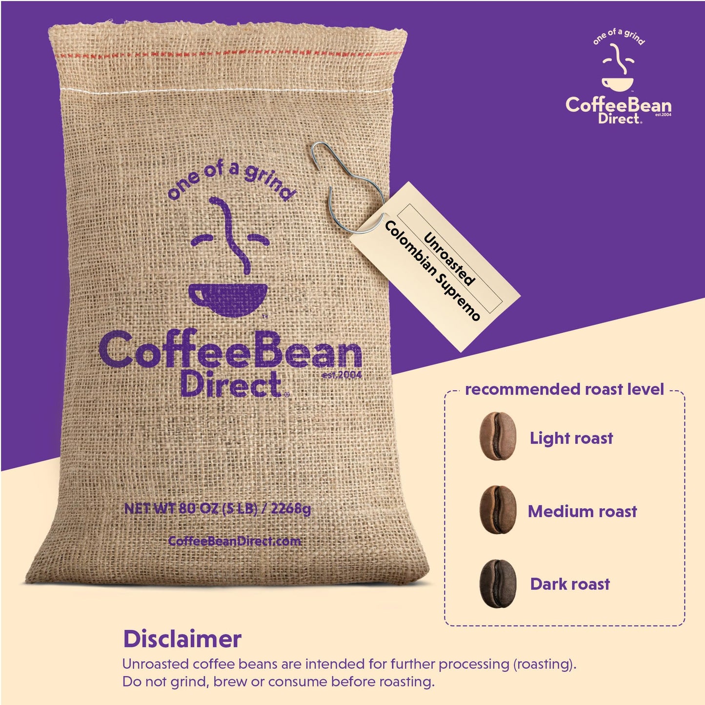 Coffee Bean Direct Unroasted Colombian Supremo, Raw Arabica Coffee Beans for Home Roasting, 5 Pound (Pack of 1)