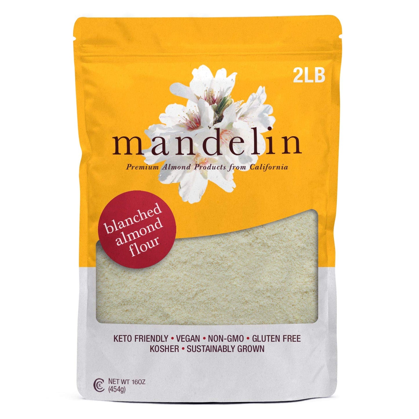 Mandelin Grower Direct Pure Blanched Almond Flour 2 lb / 32oz, Finely Ground, Non-GMO, Gluten Free, Vegan, Keto Plant Based Diet Friendly, Kosher