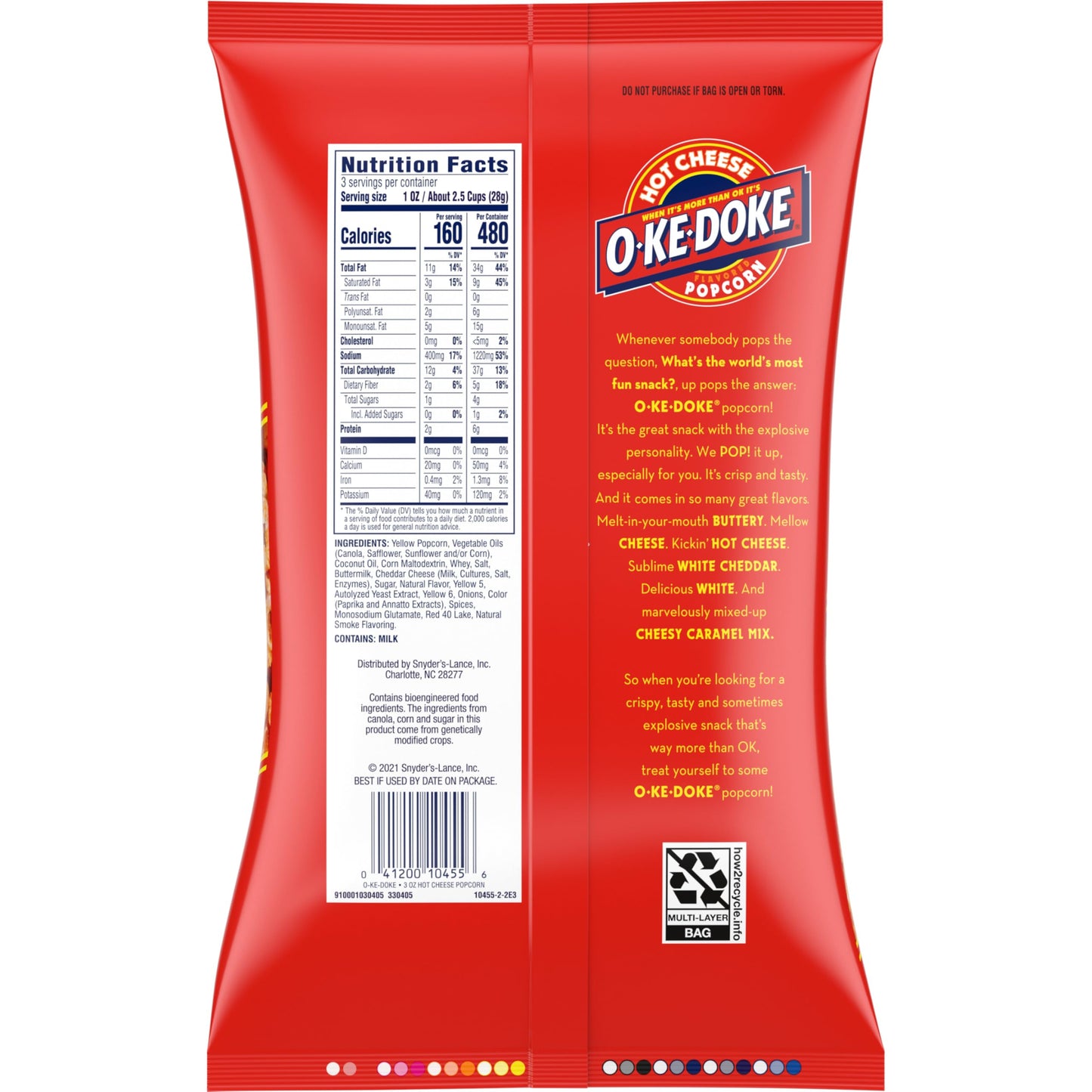 O-Ke-Doke Popcorn, Hot Cheese, 3 oz