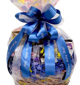 Hand-Crafted 33 Piece customizable chocolate gift basket of gourmet chocolates, cookies, and crunches. Tasty treats selected for businesses, clients