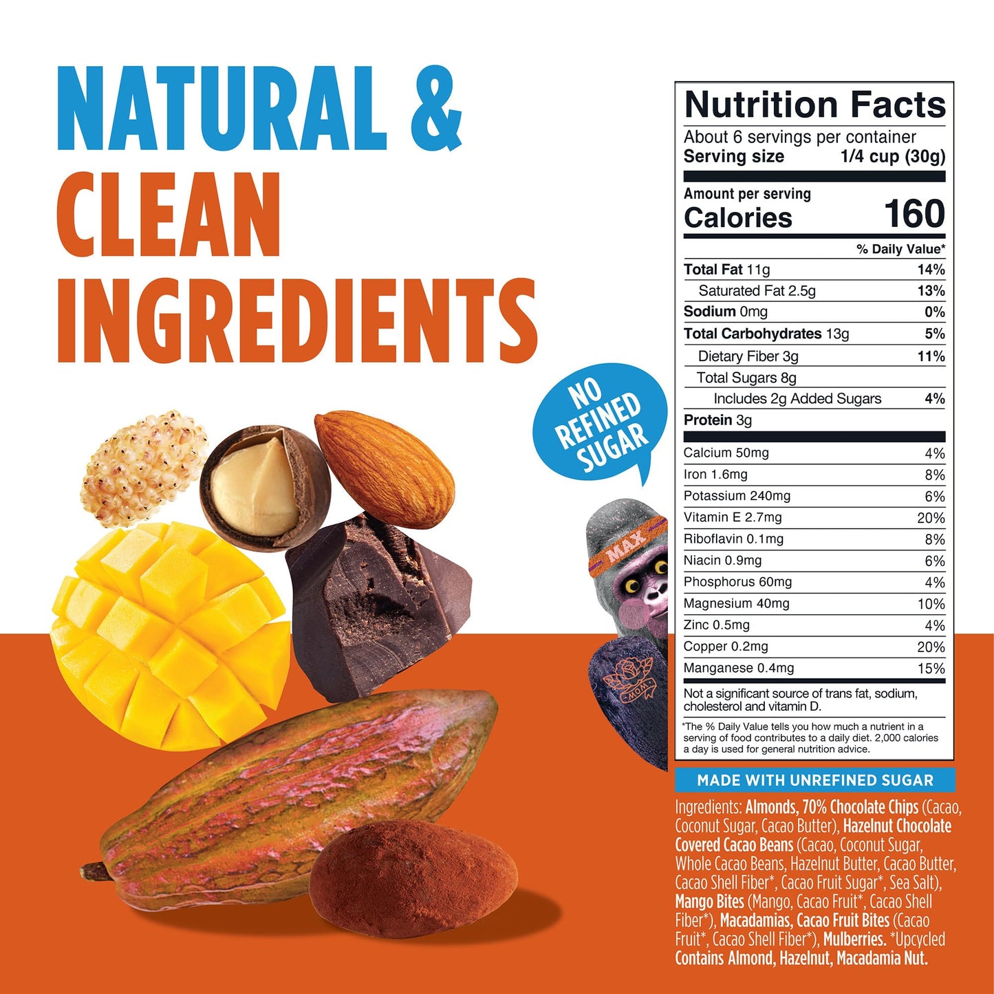 Blue Stripes - Trail Mix, 70% Chocolate Chips, Almonds, Macadamia Nuts, Mango, Healthy Snacks for Adults, Whole 70% Cacao, With Unrefined Sugar, Non