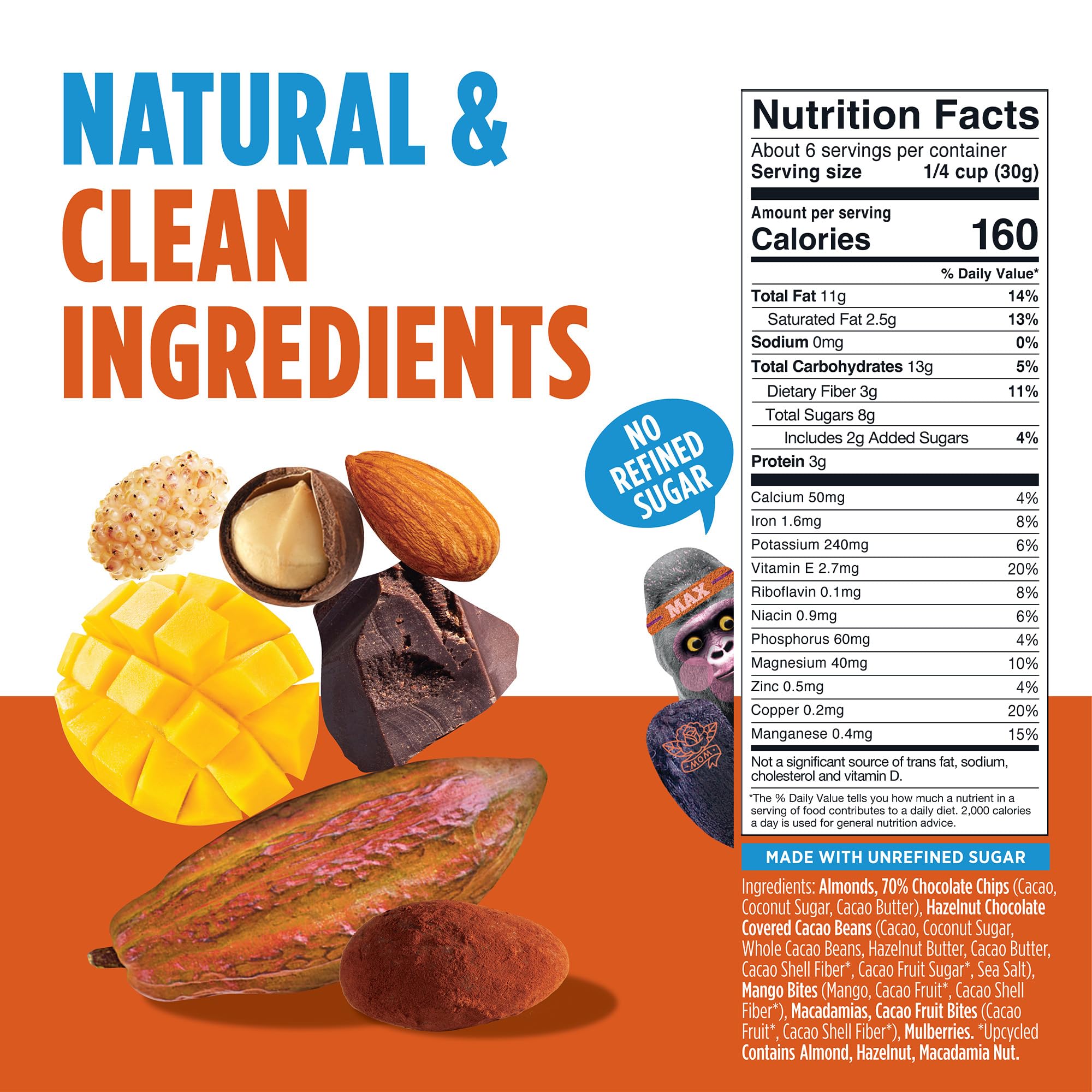 Blue Stripes - Trail Mix, 70% Chocolate Chips, Almonds, Macadamia Nuts, Mango, Healthy Snacks for Adults, Whole 70% Cacao, With Unrefined Sugar, Non