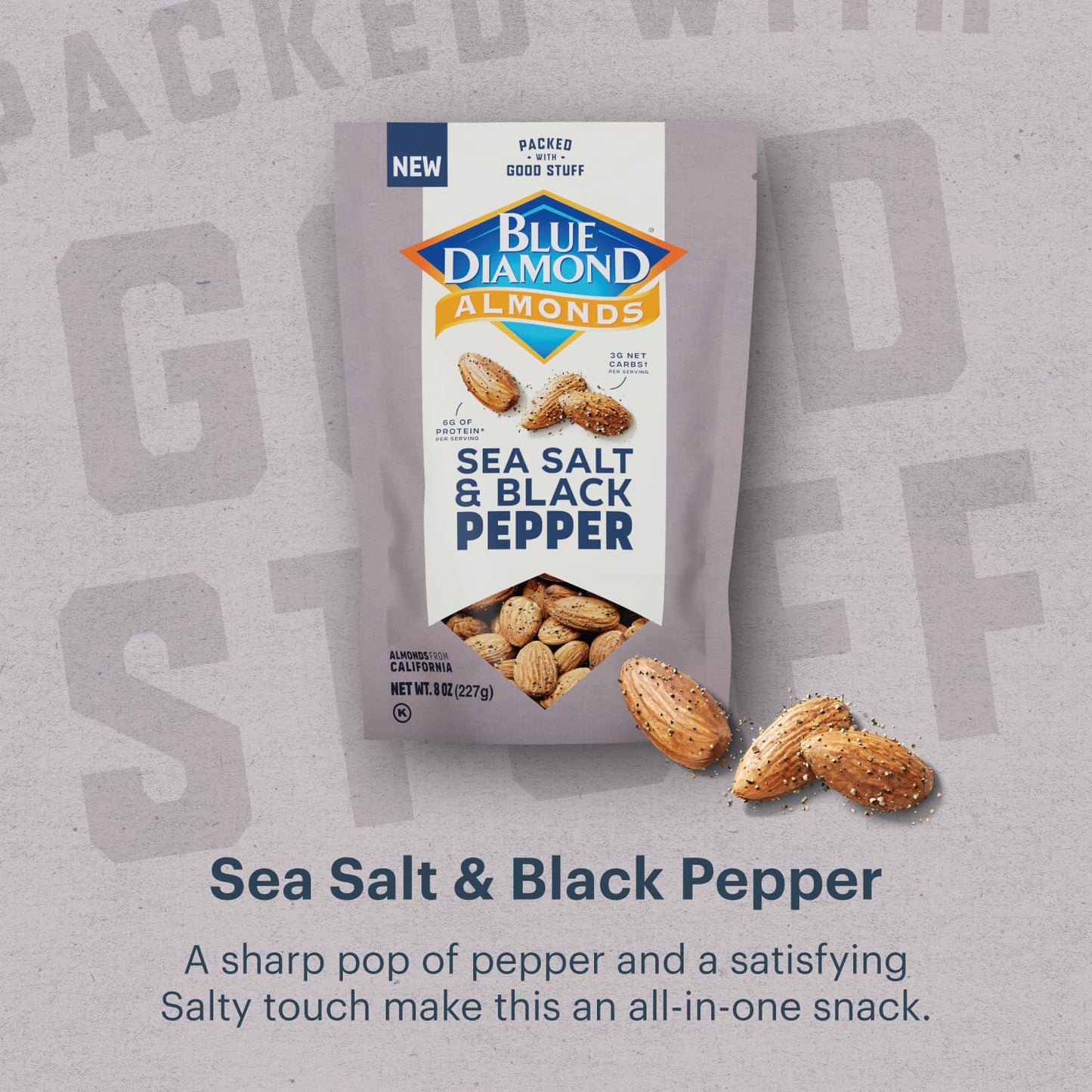 Blue Diamond Almonds, Premium Sea Salt and Black Pepper Flavored Snack Nuts Perfect Mix for Lunches or On-The-Go for Healthy Snacking, 8 Ounce (Pack