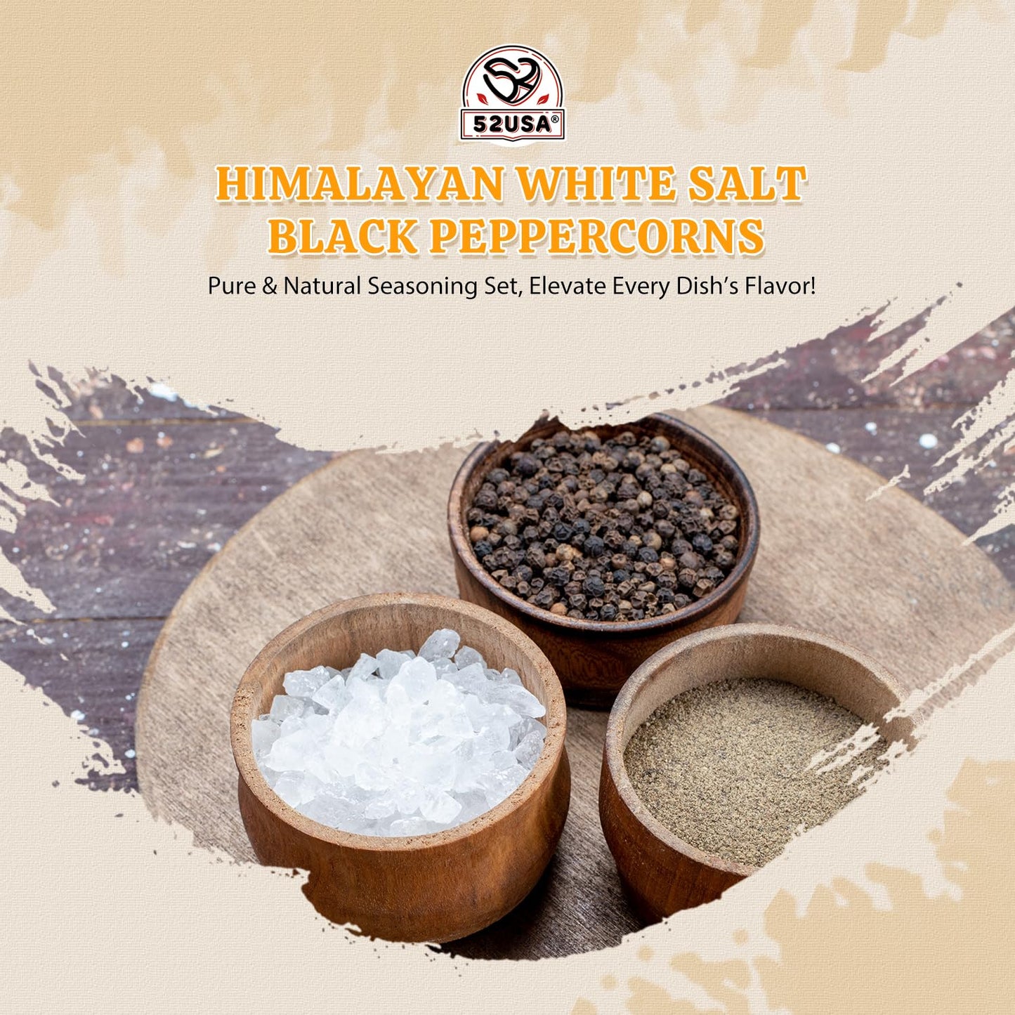 52USA Himalayan White Salt (Coarse Grain) 39 oz + Whole Black Peppercorns 18 oz, Salt and Pepper Grinder, Black Peppercorn Refil, Sea Salt for Grinder