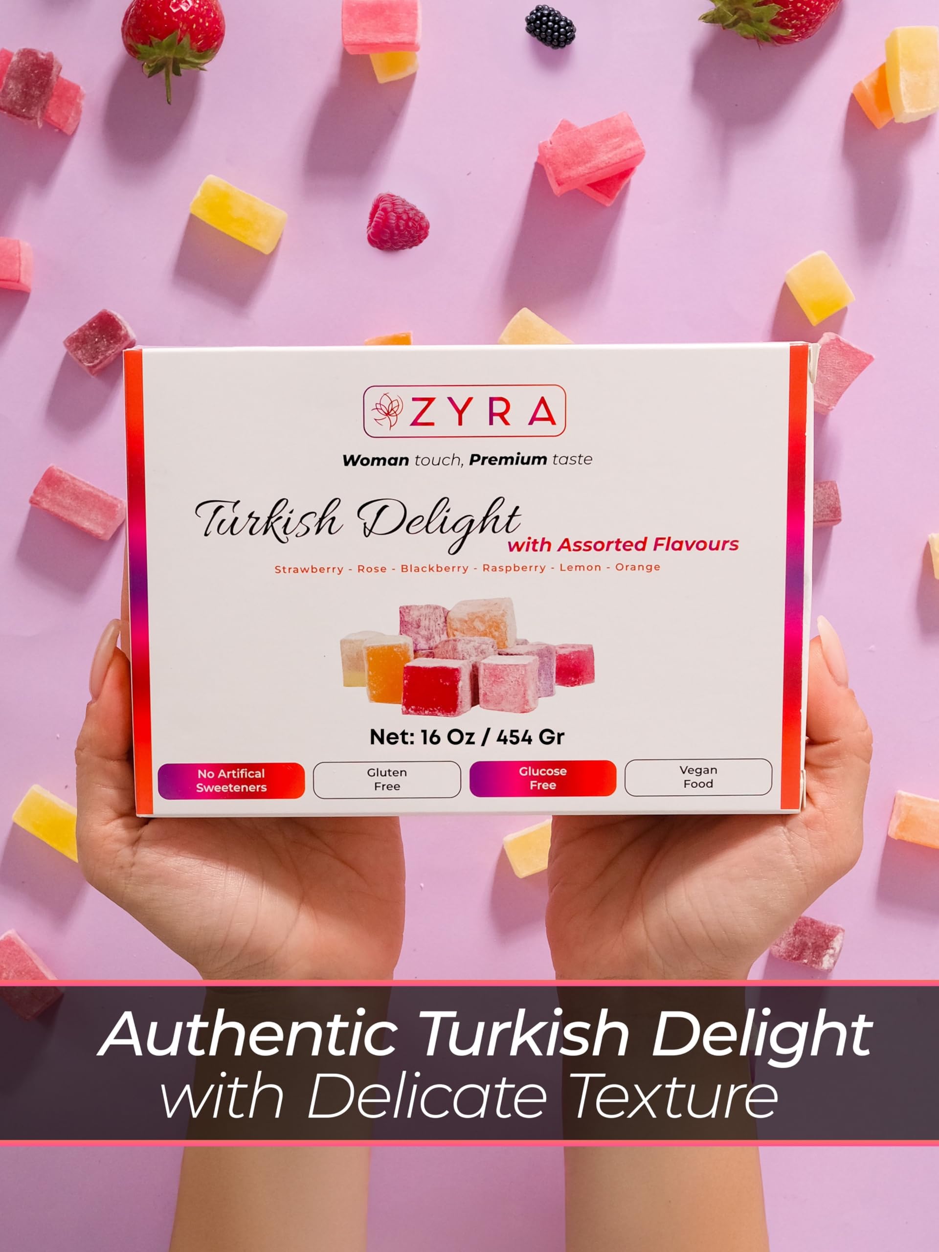 ZYRA Turkish Delight - Woman Owned Brand - Luxury with Assorted Fruit - Rose, Strawberry, Raspberry, Blackberry, Lemon, Orange - Authentic Premium